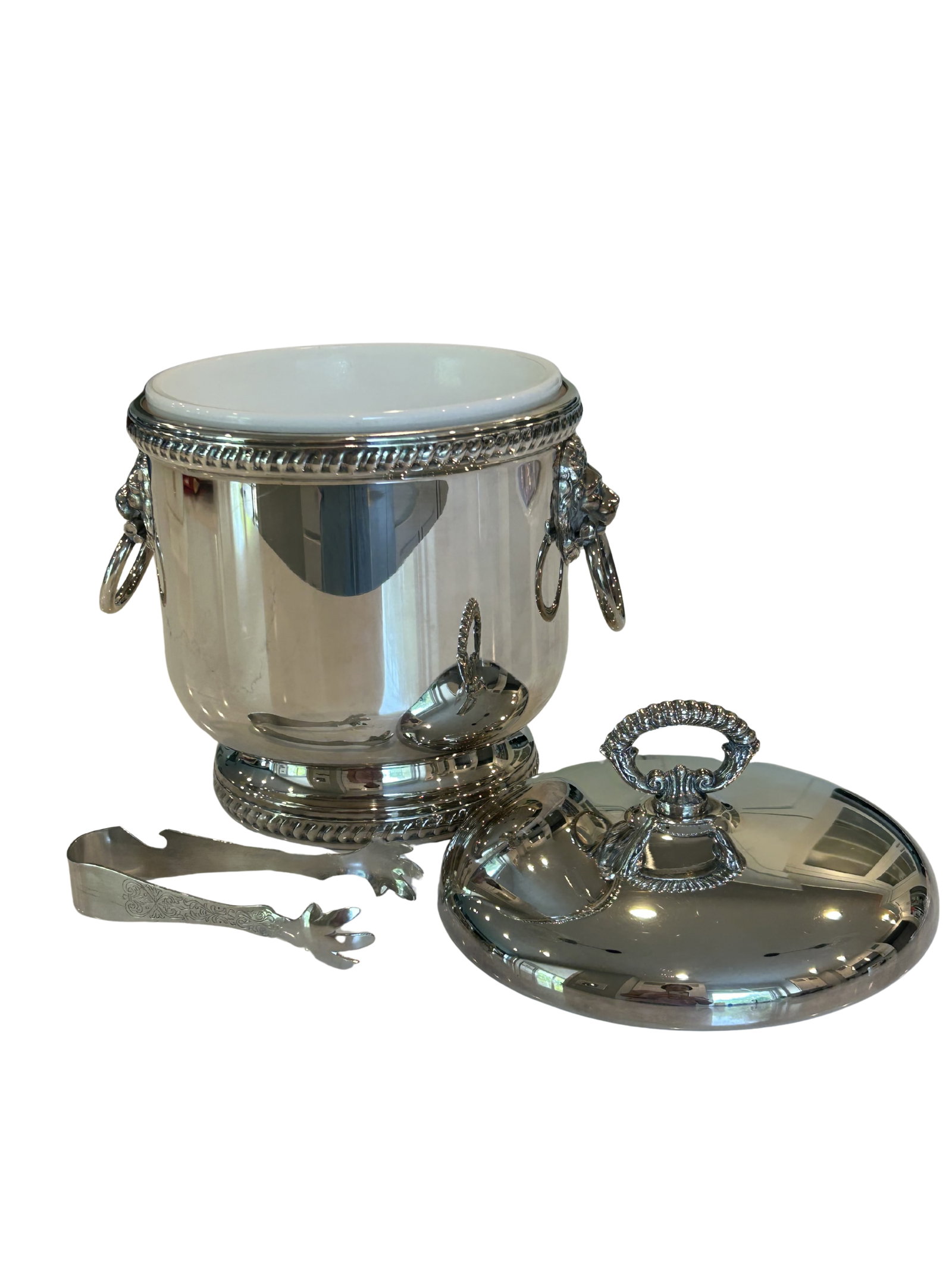 Vintage the Sheffield Silver Co. Silver-Plated Ice Bucket With Lion Head Handles, Milk Glass Liner & - 14