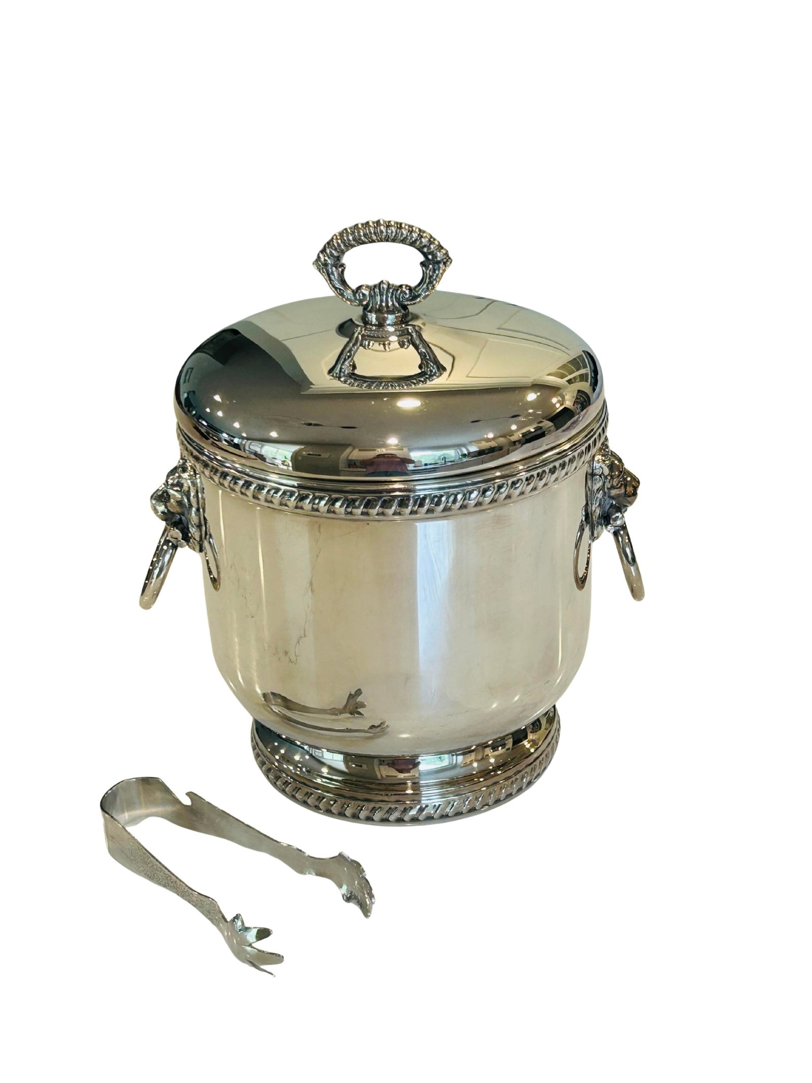 Vintage the Sheffield Silver Co. Silver-Plated Ice Bucket With Lion Head Handles, Milk Glass Liner & - 5