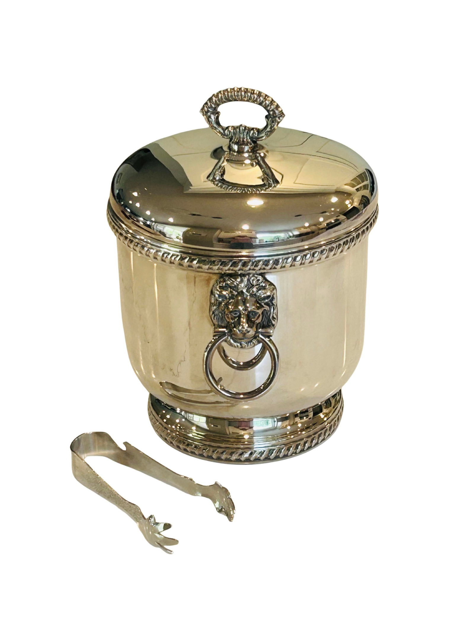 Vintage the Sheffield Silver Co. Silver-Plated Ice Bucket With Lion Head Handles, Milk Glass Liner & - 6