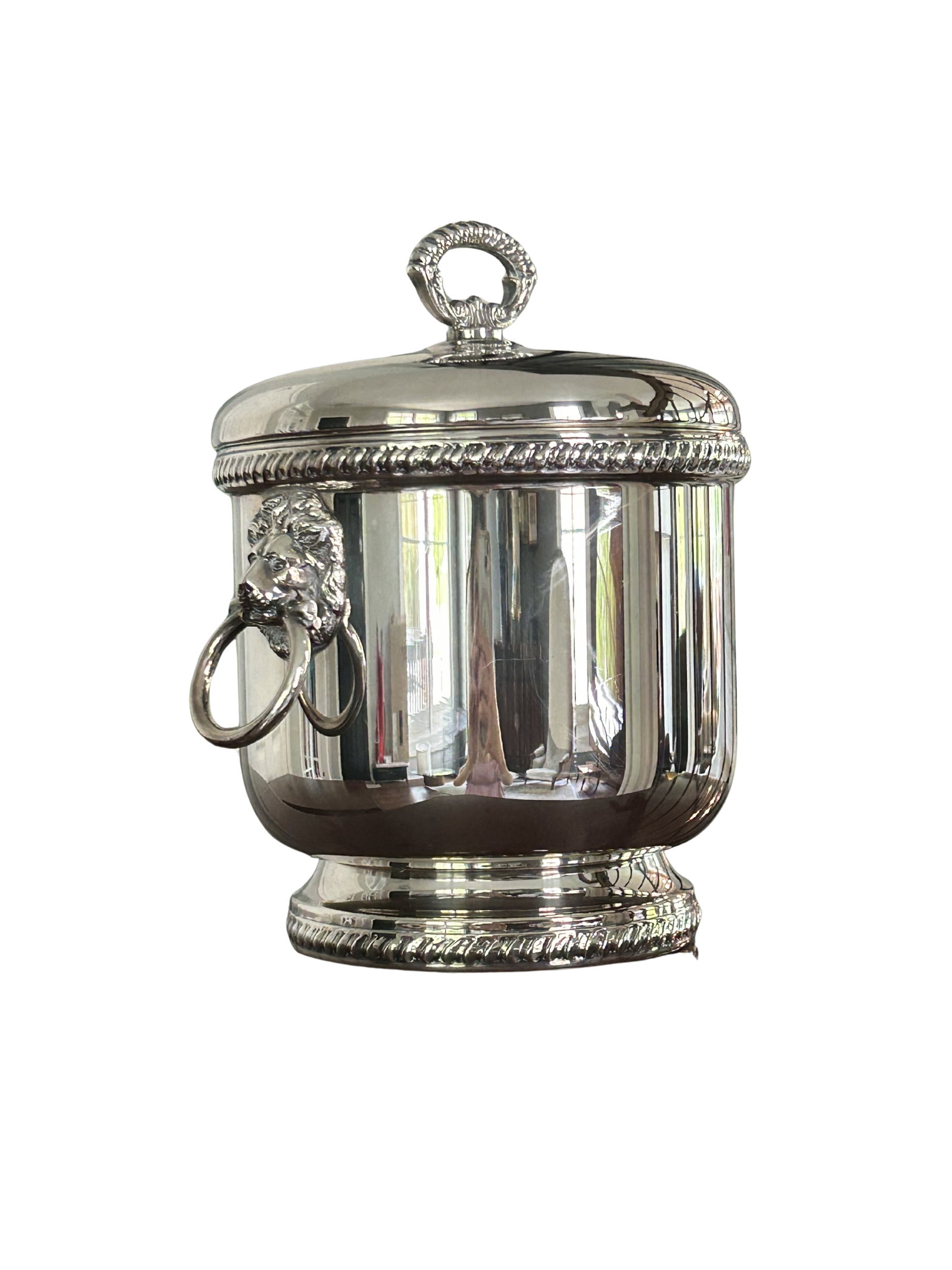 Vintage the Sheffield Silver Co. Silver-Plated Ice Bucket With Lion Head Handles, Milk Glass Liner & - 8
