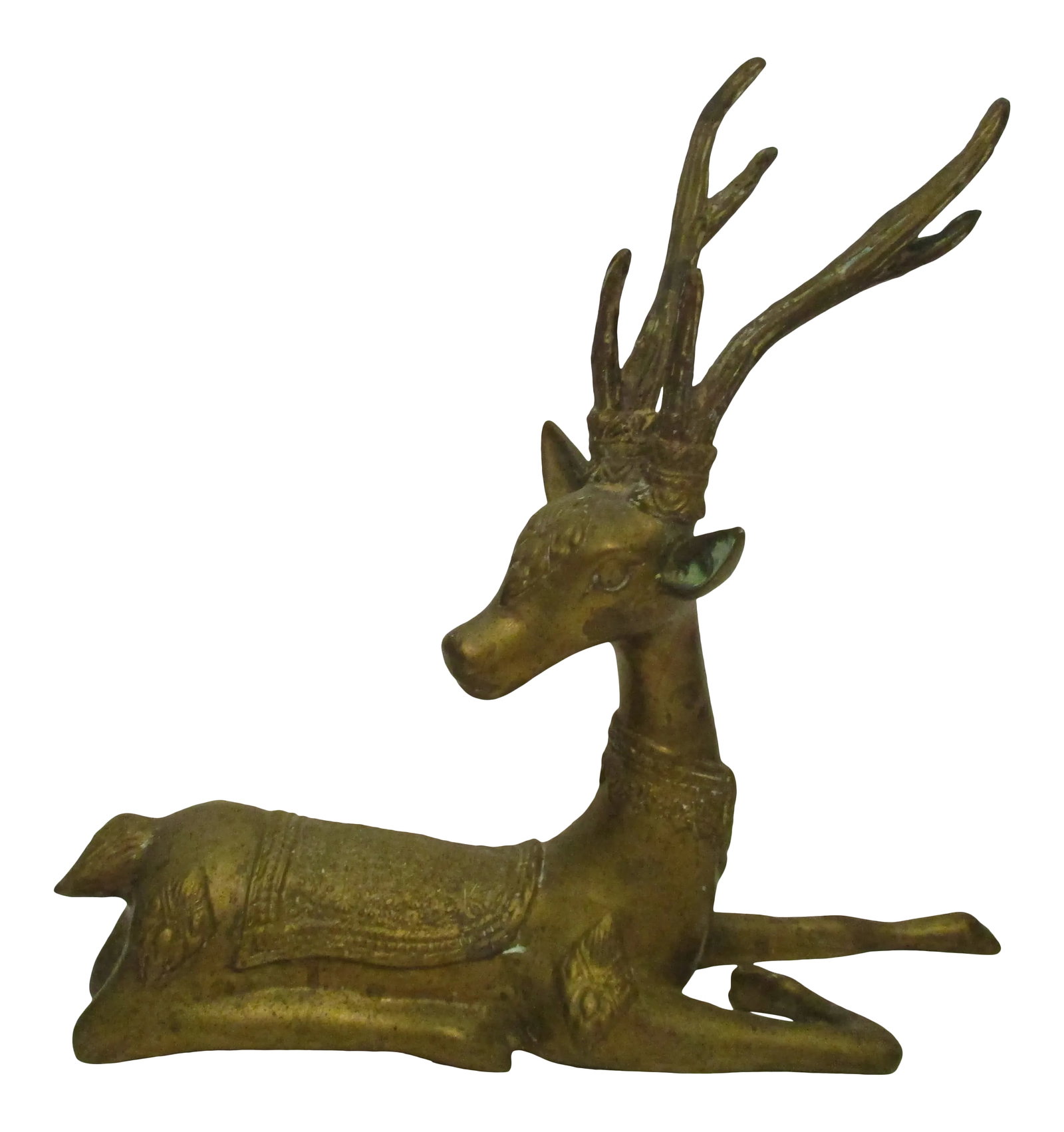 Vintage Sarreid Brass Deer Figurine Reclining With Brass Details: Vintage Sarreid Brass Deer Figurine Reclining with Brass Details Intricate details in the brass shown in the saddle blanket, the collar and throughout the body. Measures 12.75" L x 11.75" H x 4.00" W