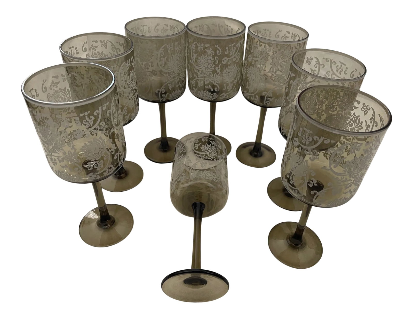 Set of 8 Etched Floral Smoked Color Wine Glasses (1 of 6)