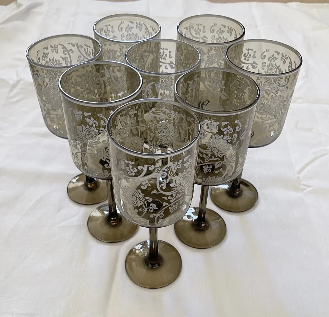 Set of 8 Etched Floral Smoked Color Wine Glasses - 2
