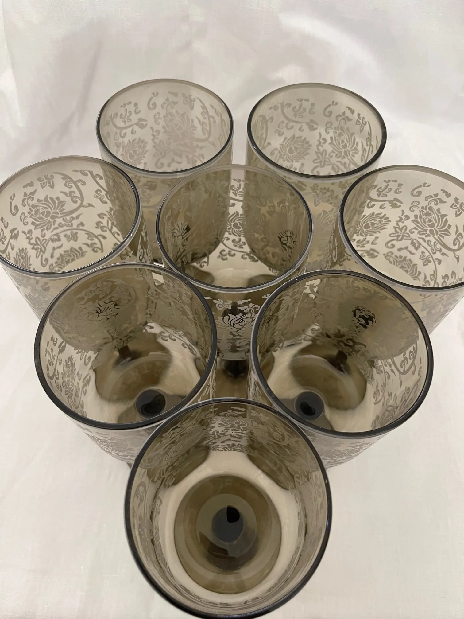 Set of 8 Etched Floral Smoked Color Wine Glasses - 4
