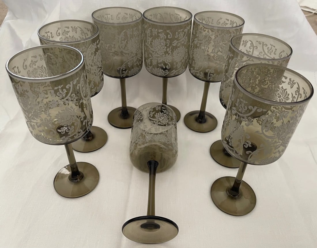 Set of 8 Etched Floral Smoked Color Wine Glasses - 6