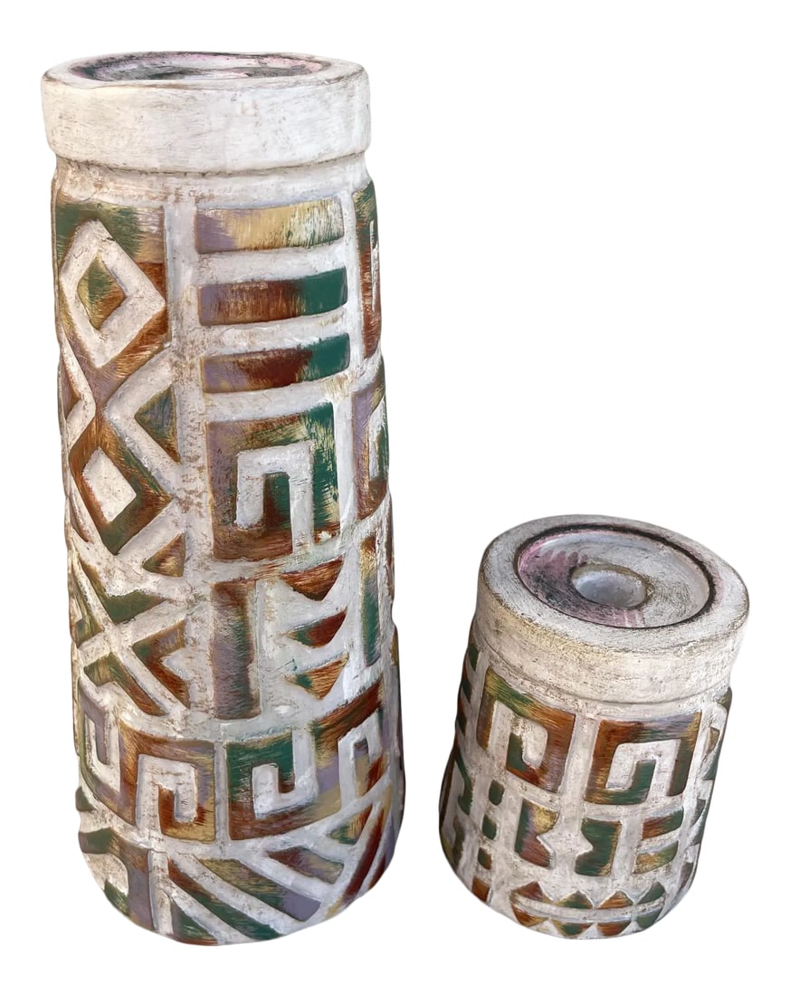 Vintage Mid-Century Modern Vanguard Studios Ceramic Candle Holders-A Pair: Vintage Vanguard Studios Ceramic Candle Holders a set of 2. Beautiful cream color with terracotta, green, and gold iridescent. Pyramid shape and has a Egyptian look to them or could be southwest. Hold