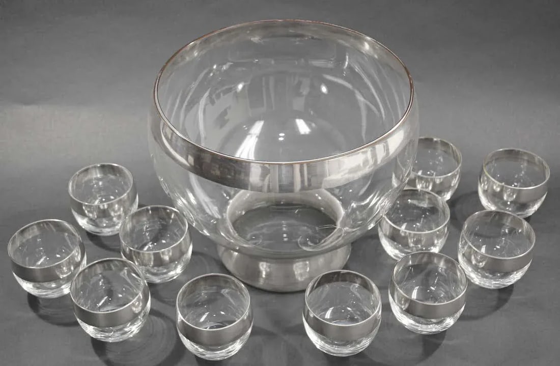 Dorothy Thorpe Mid-Century Silver Band Roly Poly Glasses and Cocktail Punch Bowl - 12 Pieces - 10