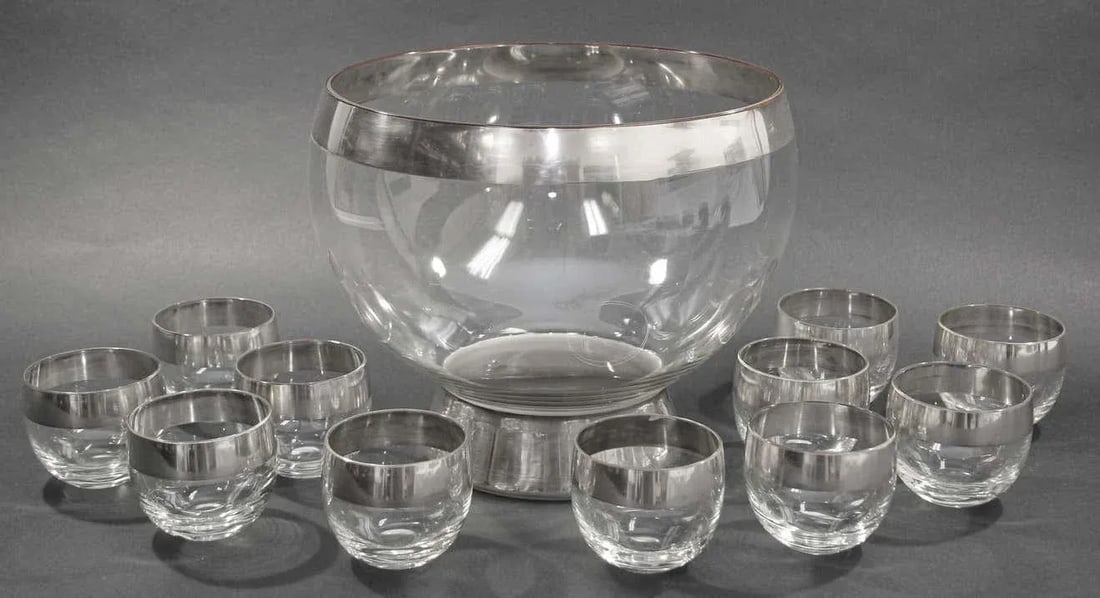 Dorothy Thorpe Mid-Century Silver Band Roly Poly Glasses and Cocktail Punch Bowl - 12 Pieces - 9