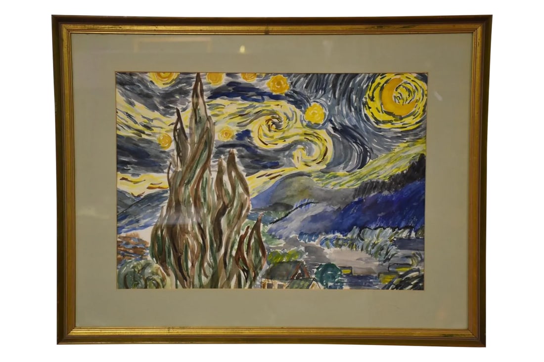 Starry Night Water Color Painting: A Starry Night Van Gogh style watercolor painting. This is a beautiful original reproduction that is unsigned. Condition: Condition Notes: Good - Moderate wear and tear, but still has good years left