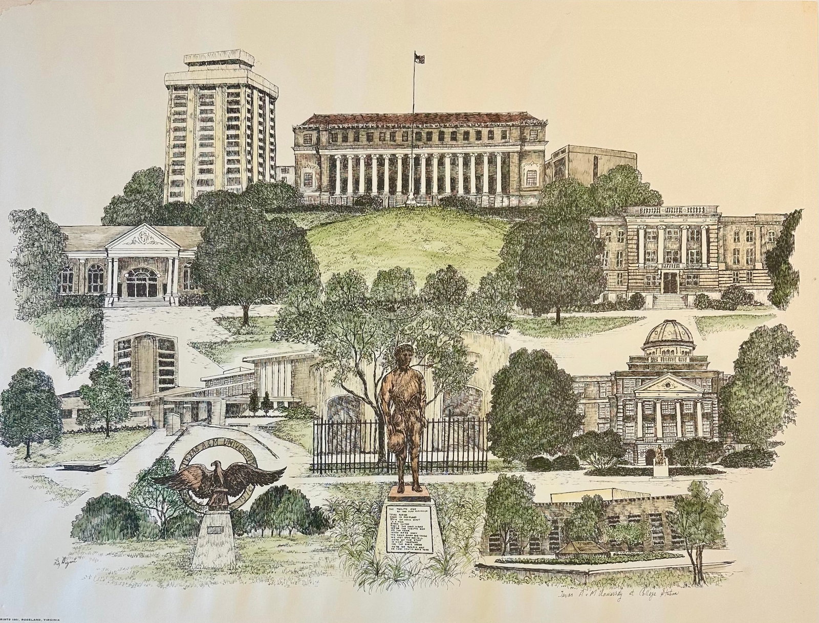 1980s Texas a & M University Campus Print by Liz Bryant - Hand-Colored Architectural Illustration: A charming late 20th-century hand-colored architectural print by artist Liz Bryant, depicting a collection of notable campus buildings at Texas A & M University. Rendered in a delicate pen-and-ink