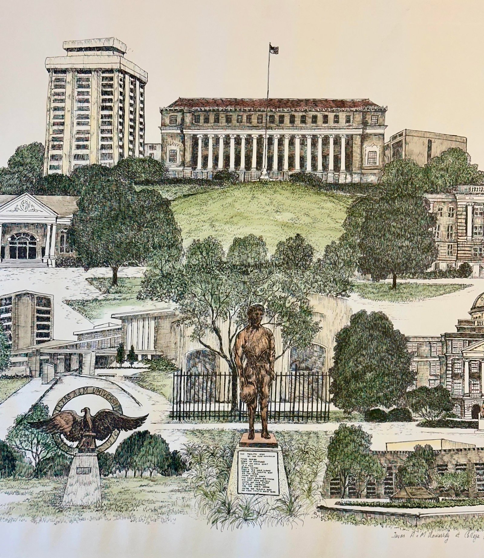 1980s Texas a & M University Campus Print by Liz Bryant - Hand-Colored Architectural Illustration - 2