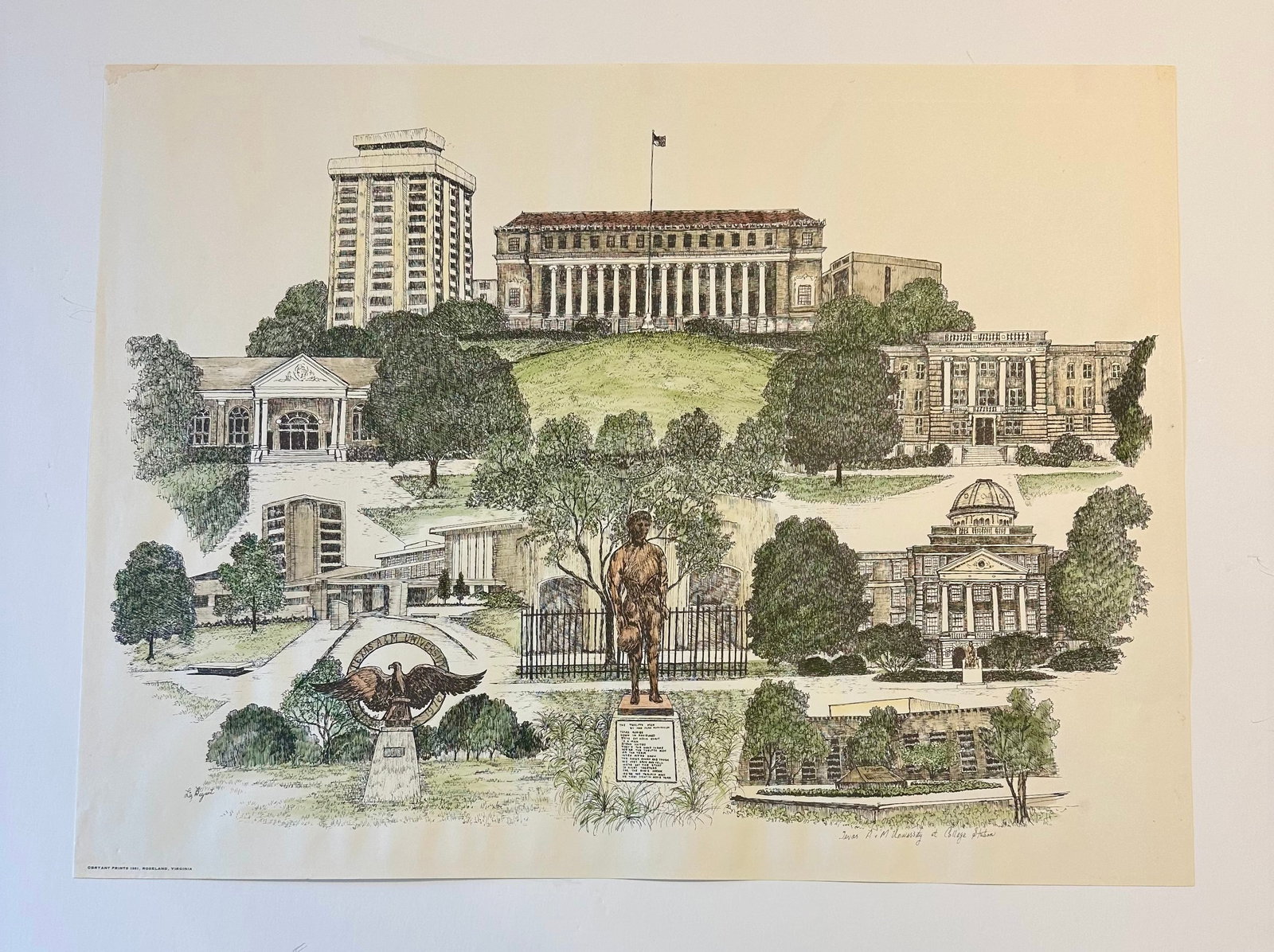 1980s Texas a & M University Campus Print by Liz Bryant - Hand-Colored Architectural Illustration - 3