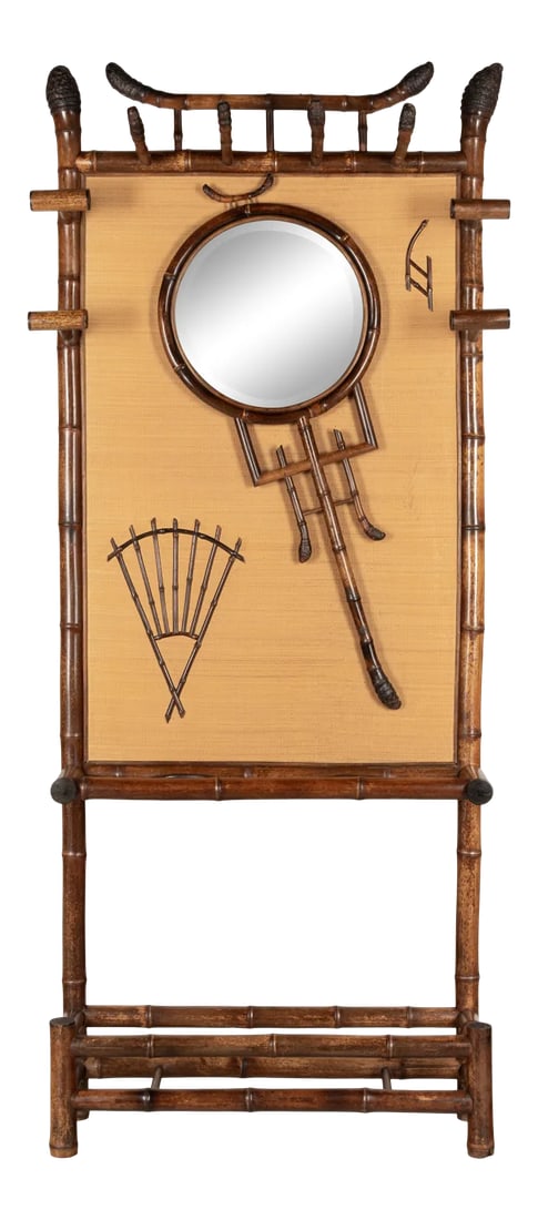 19th Century French Bamboo Hall Tree or Coat Rack: A 19th century French bamboo hall tree, or coat rack, of Japonisme design, with a circular beveled mirror and decorative elements attached to a woven back panel. Four hooks at the top are made from