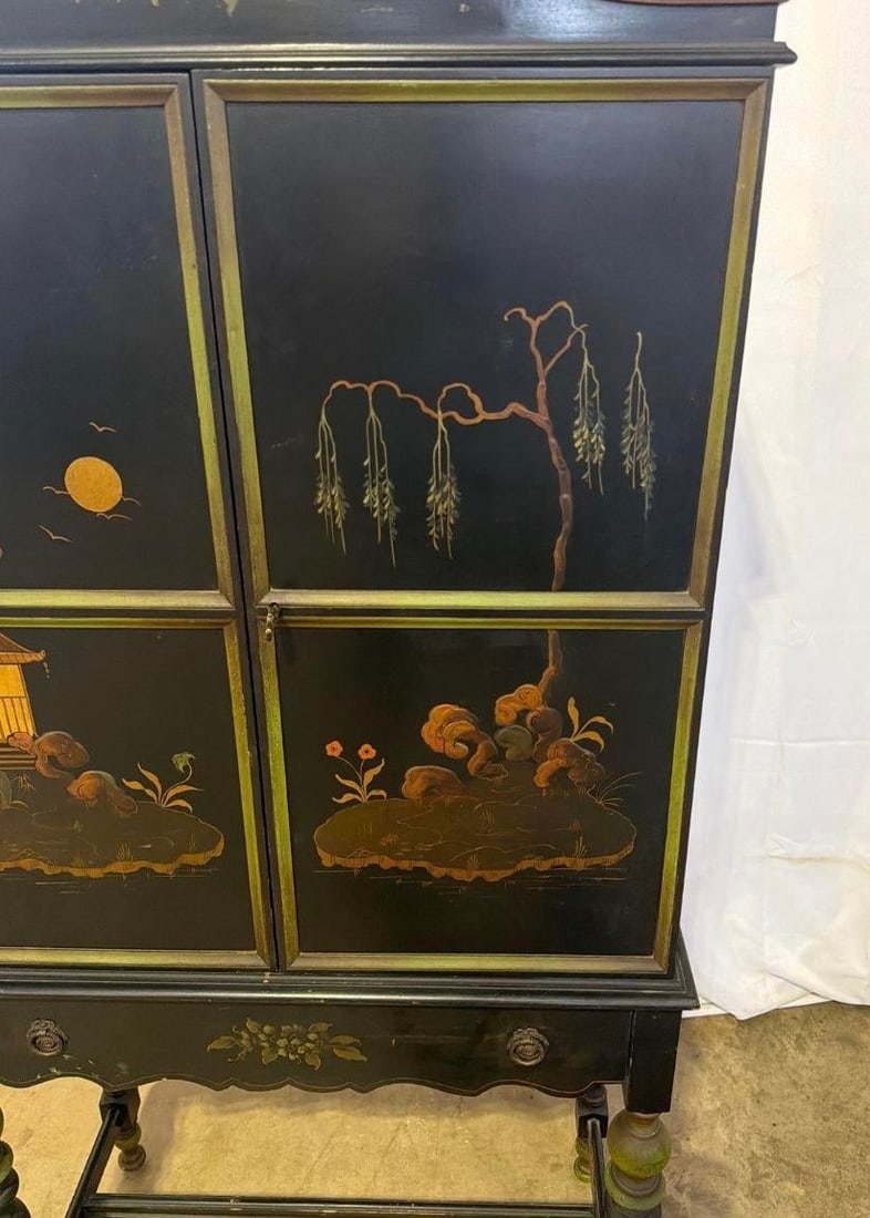 1920s Art Deco Chinoiserie Black & Green Hand Painted Drop Front Desk With Light and Key - 10
