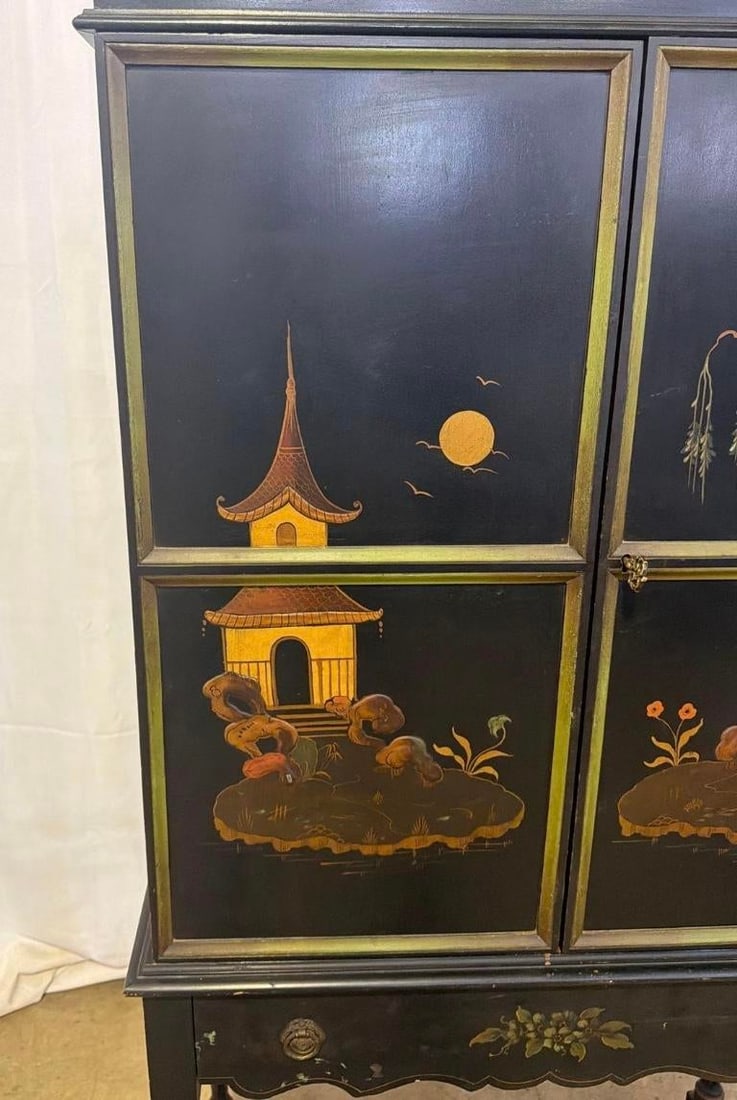 1920s Art Deco Chinoiserie Black & Green Hand Painted Drop Front Desk With Light and Key - 12