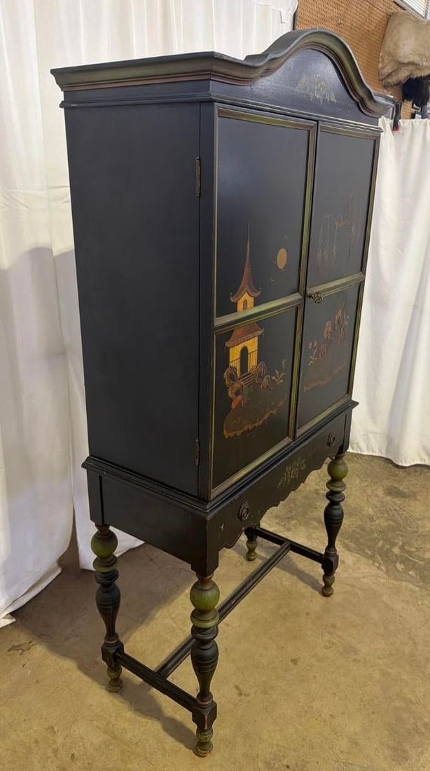 1920s Art Deco Chinoiserie Black & Green Hand Painted Drop Front Desk With Light and Key - 13