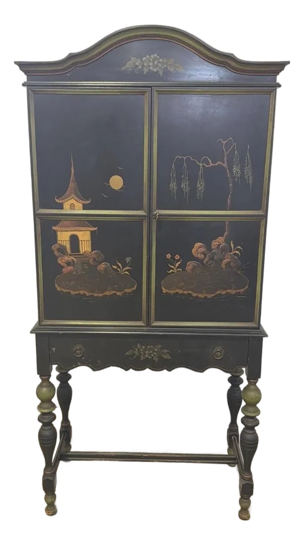 1920s Art Deco Chinoiserie Black & Green Hand Painted Drop Front Desk With Light and Key: This spectacular 1920s Art Deco drop-front bureau effortlessly blends bold geometric forms with the timeless elegance of Chinoiserie design. Featuring a striking hand-painted black and green finish wi