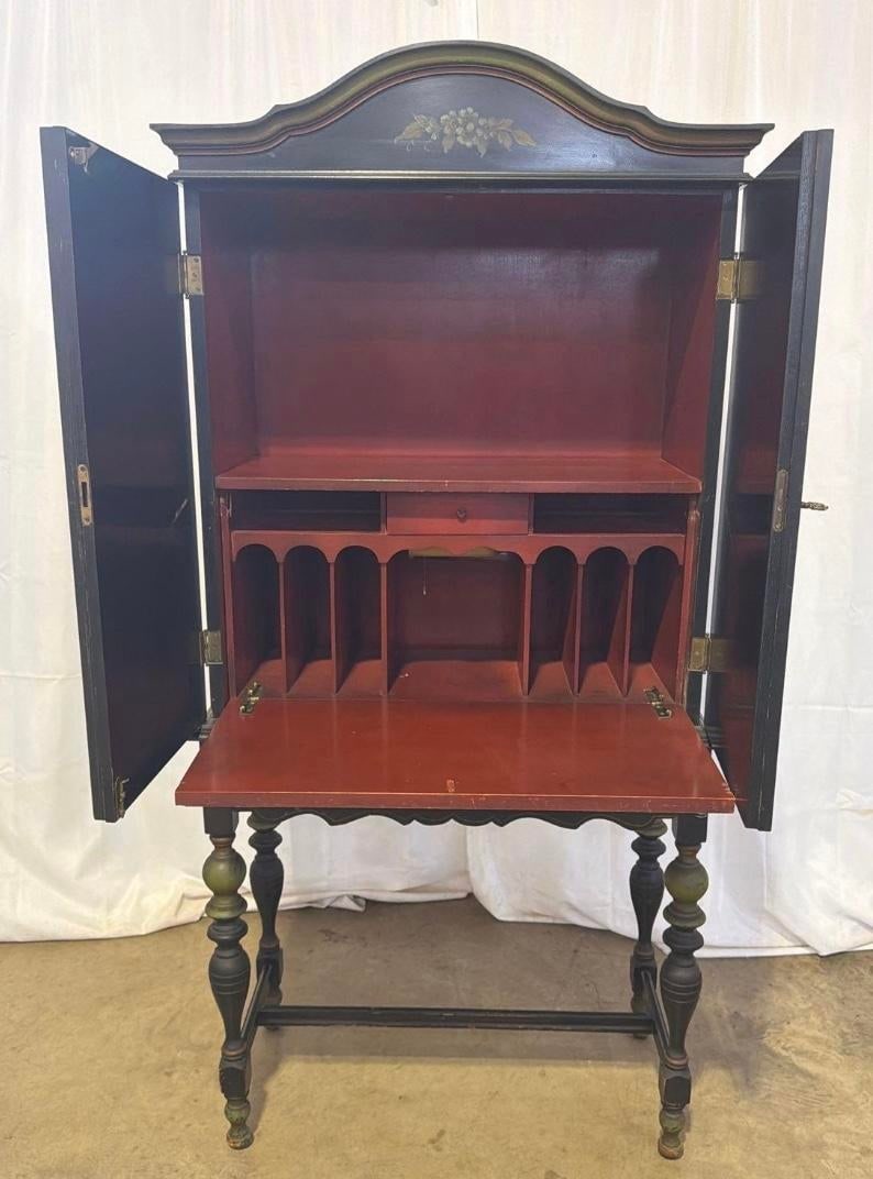 1920s Art Deco Chinoiserie Black & Green Hand Painted Drop Front Desk With Light and Key - 2
