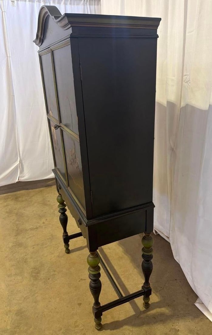 1920s Art Deco Chinoiserie Black & Green Hand Painted Drop Front Desk With Light and Key - 7