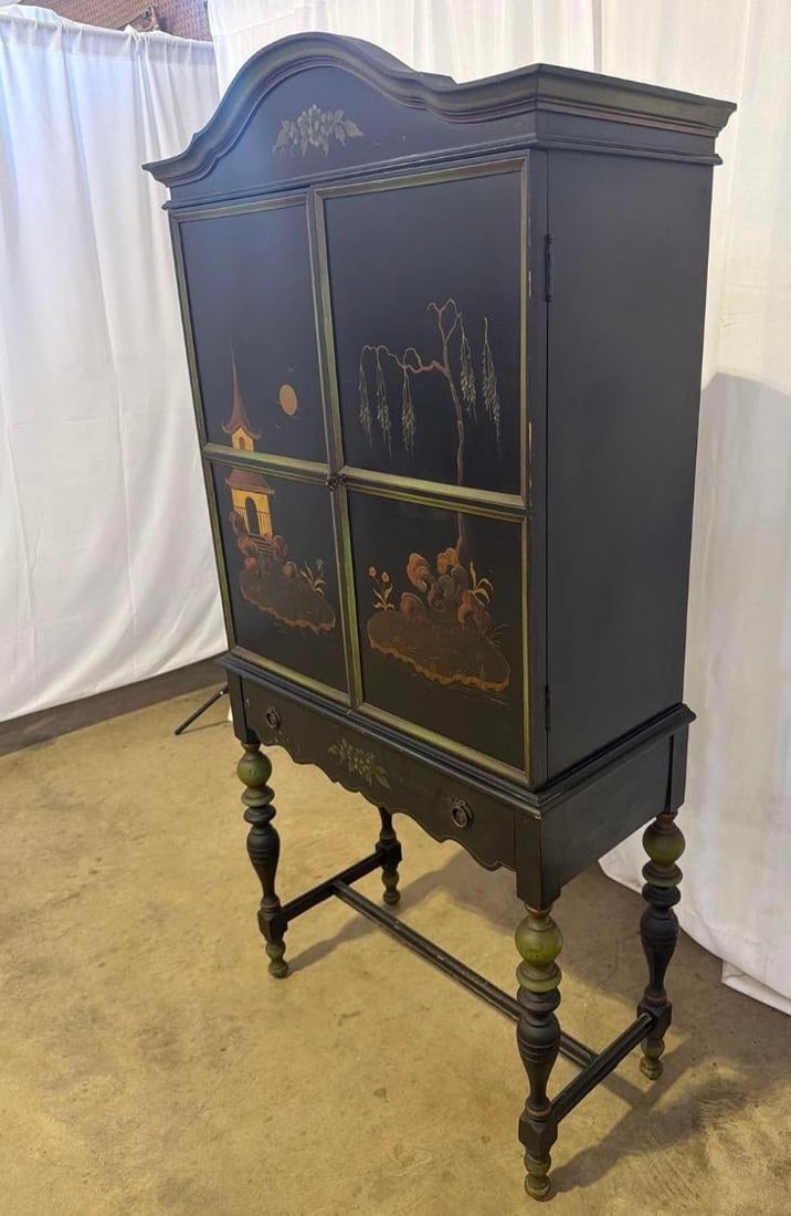 1920s Art Deco Chinoiserie Black & Green Hand Painted Drop Front Desk With Light and Key - 8