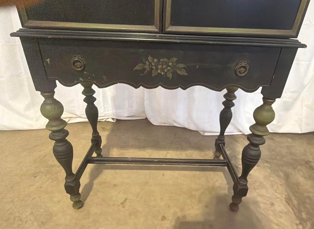 1920s Art Deco Chinoiserie Black & Green Hand Painted Drop Front Desk With Light and Key - 9
