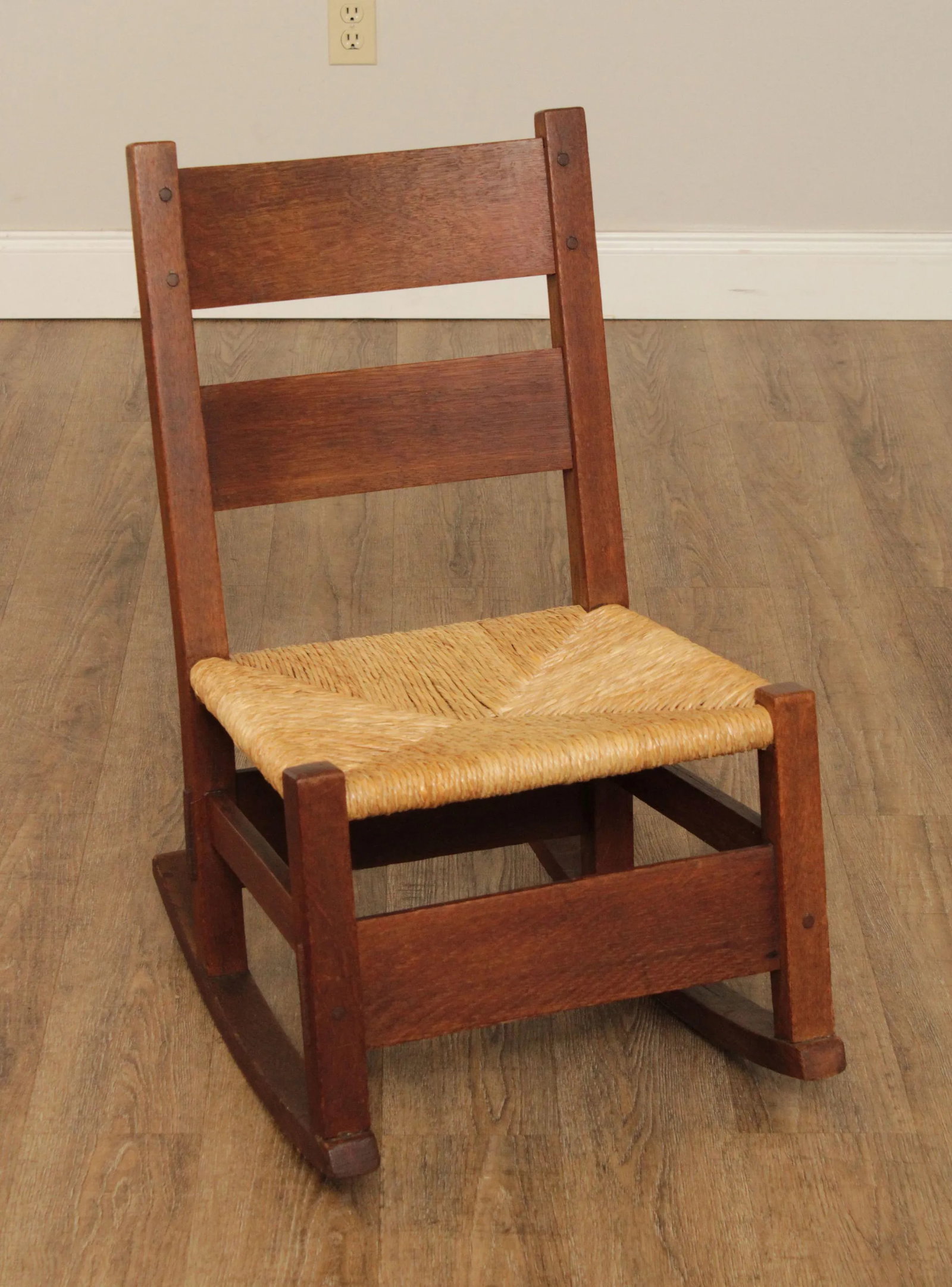 Antique Gustav Stickley Mission Oak Rush Seat Nursing Rocker - 2