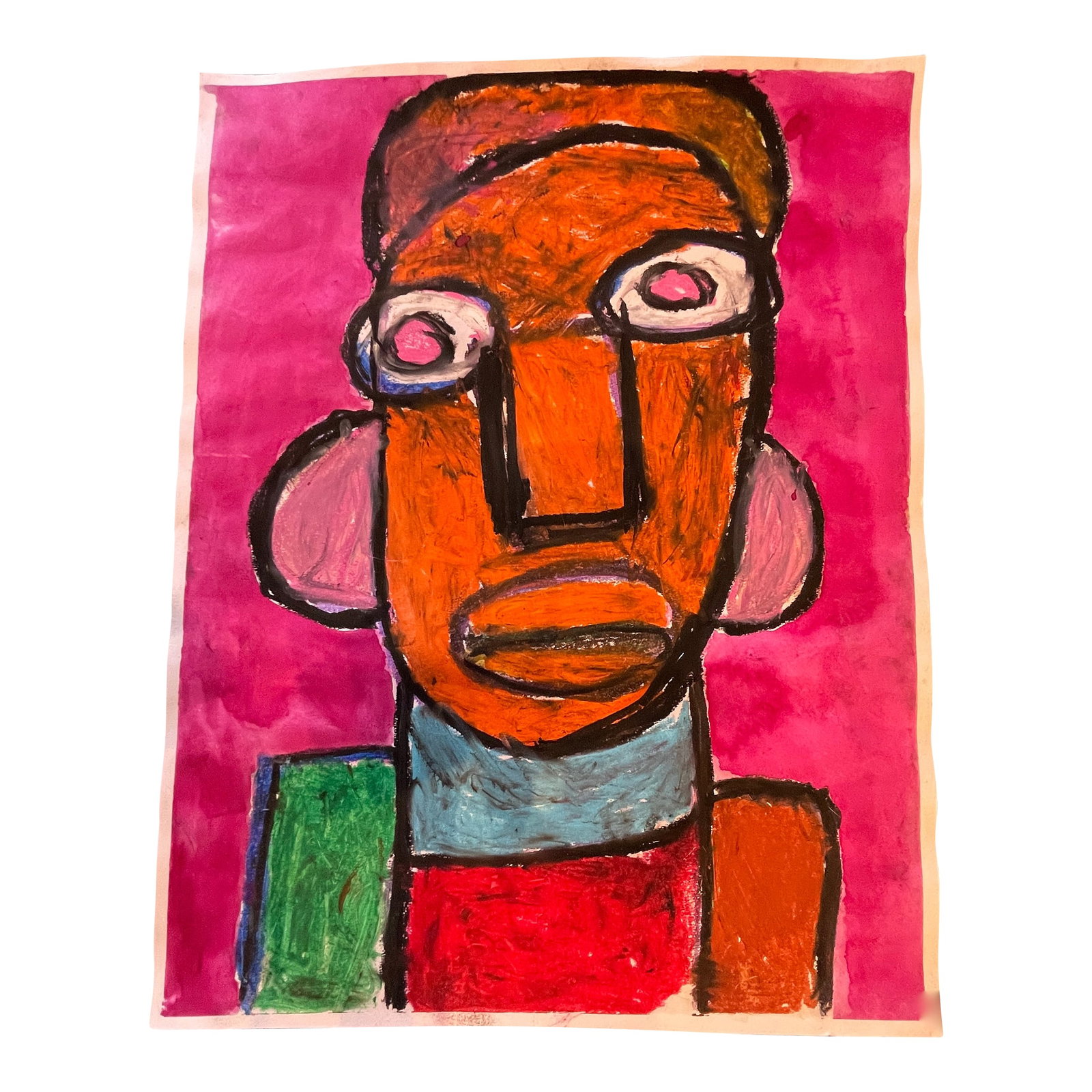 Colorful Vincent Jackson Portrtait: This artwork is an oil pastel portrait on paper created by artist Vincent Jackson. Jackson has been a studio artist at Creativity Explored in San Francisco since 1984. His figurative portraits are