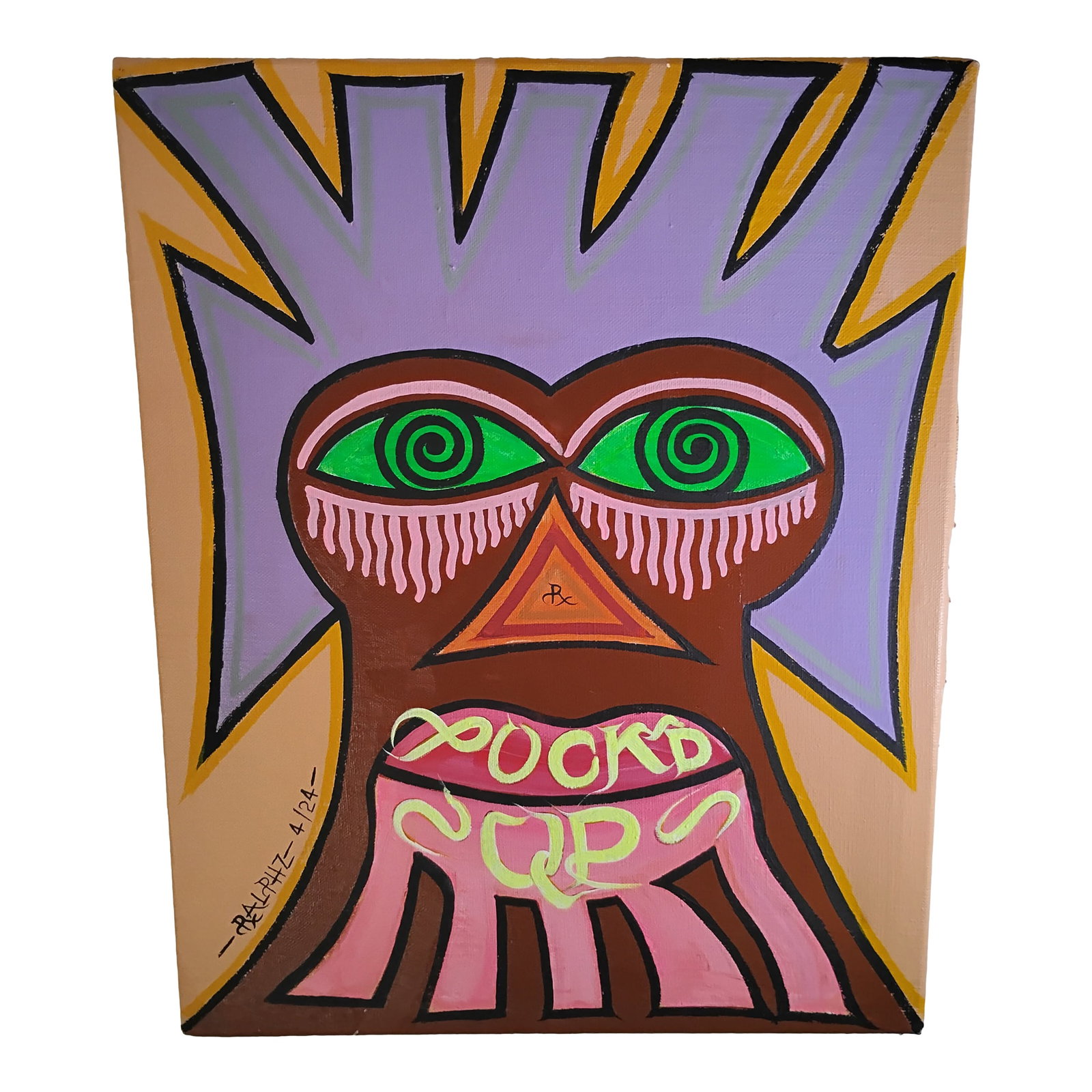 Original Ralph Frank Painting "Puck'd Up": This striking acrylic painting on canvas is titled "Puck'd Up", created in April 2024 by the well-known Columbus, Georgia folk and street artist Ralph Frank (popularly known for his distinctive