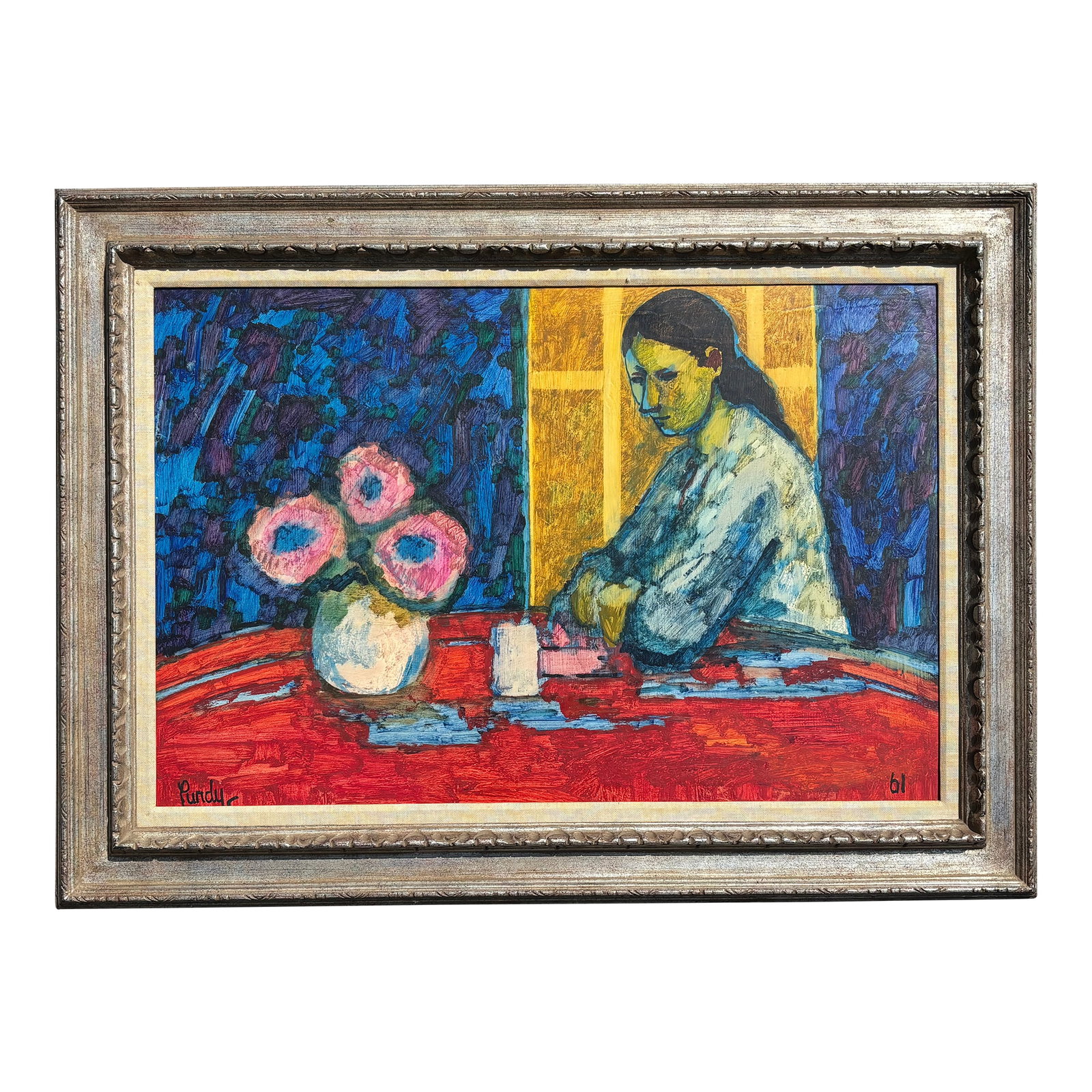 Original Mid-Century American Original Oil on Canvas Interior Scene - Portrait of a Lady - 1961: Portrait of a Lady Original American Oil on Canvas, artist signed and dated 1961. Large size capable of capturing an entire room at 45" wide by 33" tall by 2.5" deep with a gorgeous carved wood silver