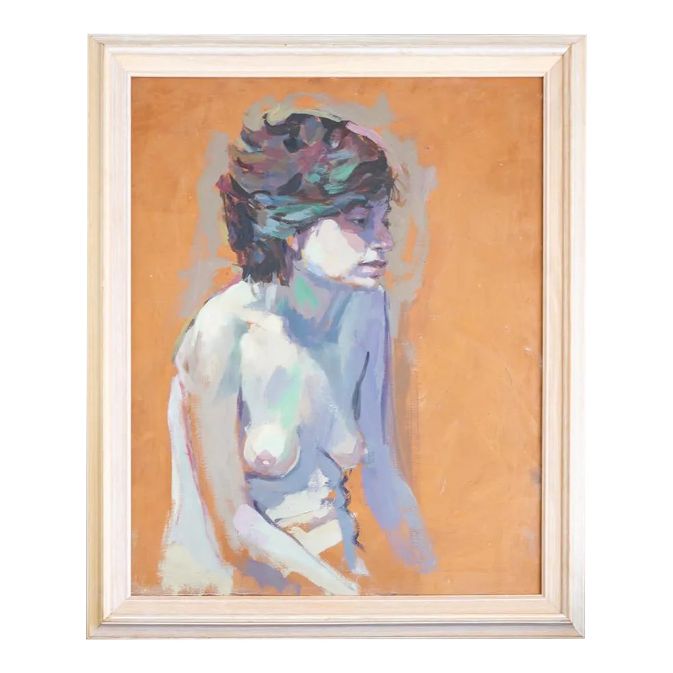 Figurative Impressionist Nude Oil Painting by Gerald Spencer: This figurative nude oil painting was created by Gerald (Gerry) Spencer in the late 20th century, and purchased from a close friend who lived in an intentional community with the artist in Long Beach 
