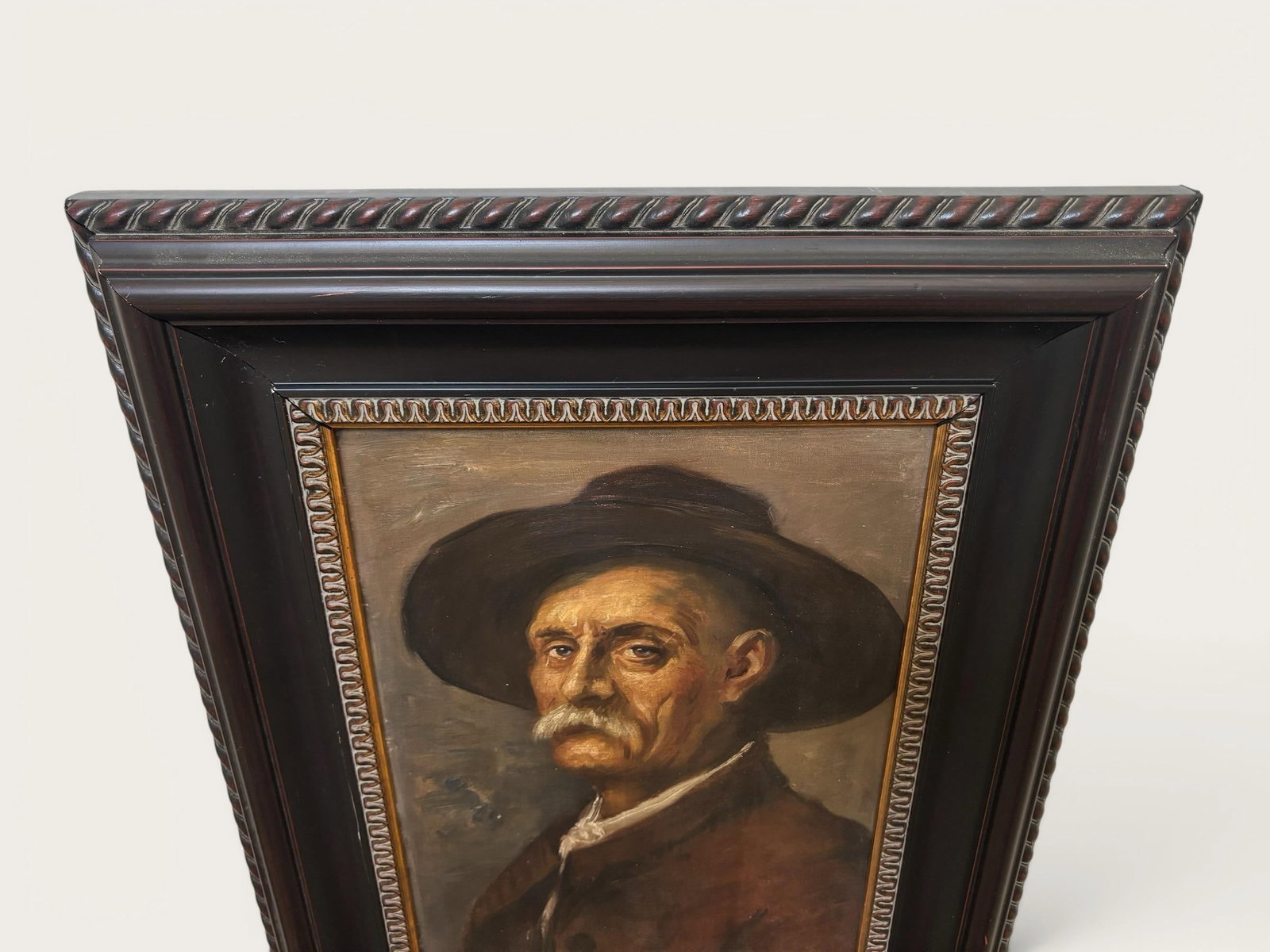 Original Antique European Moody Oil Portrait Painting of Gentleman in Hat Circa 1937 - 9