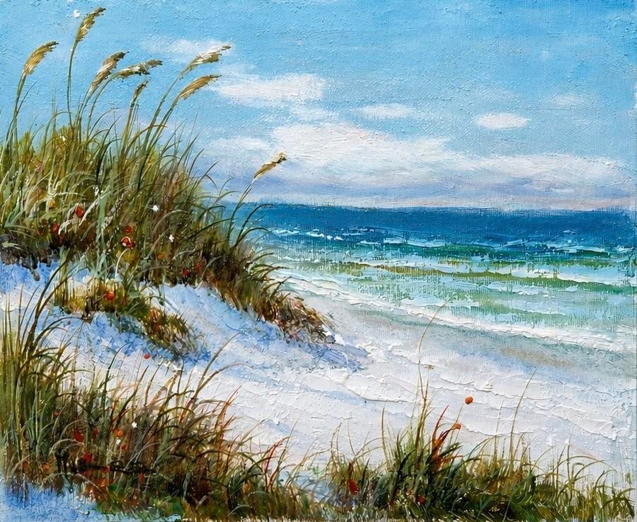 Original Coastal Beach Dune Oil Painting on Canvas | Ocean Seascape With Sea Oats, 8 X 10" (Unstretc: Original oil on canvas by Eaton. Soft turquoise waters roll onto a sandy shoreline framed by windswept sea oats and native dune grasses, capturing the peaceful atmosphere of a quiet day at the beach. 
