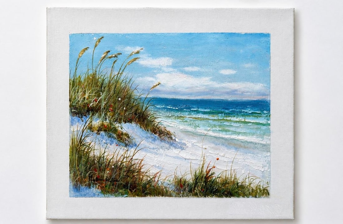 Original Coastal Beach Dune Oil Painting on Canvas | Ocean Seascape With Sea Oats, 8 X 10" (Unstretc - 3