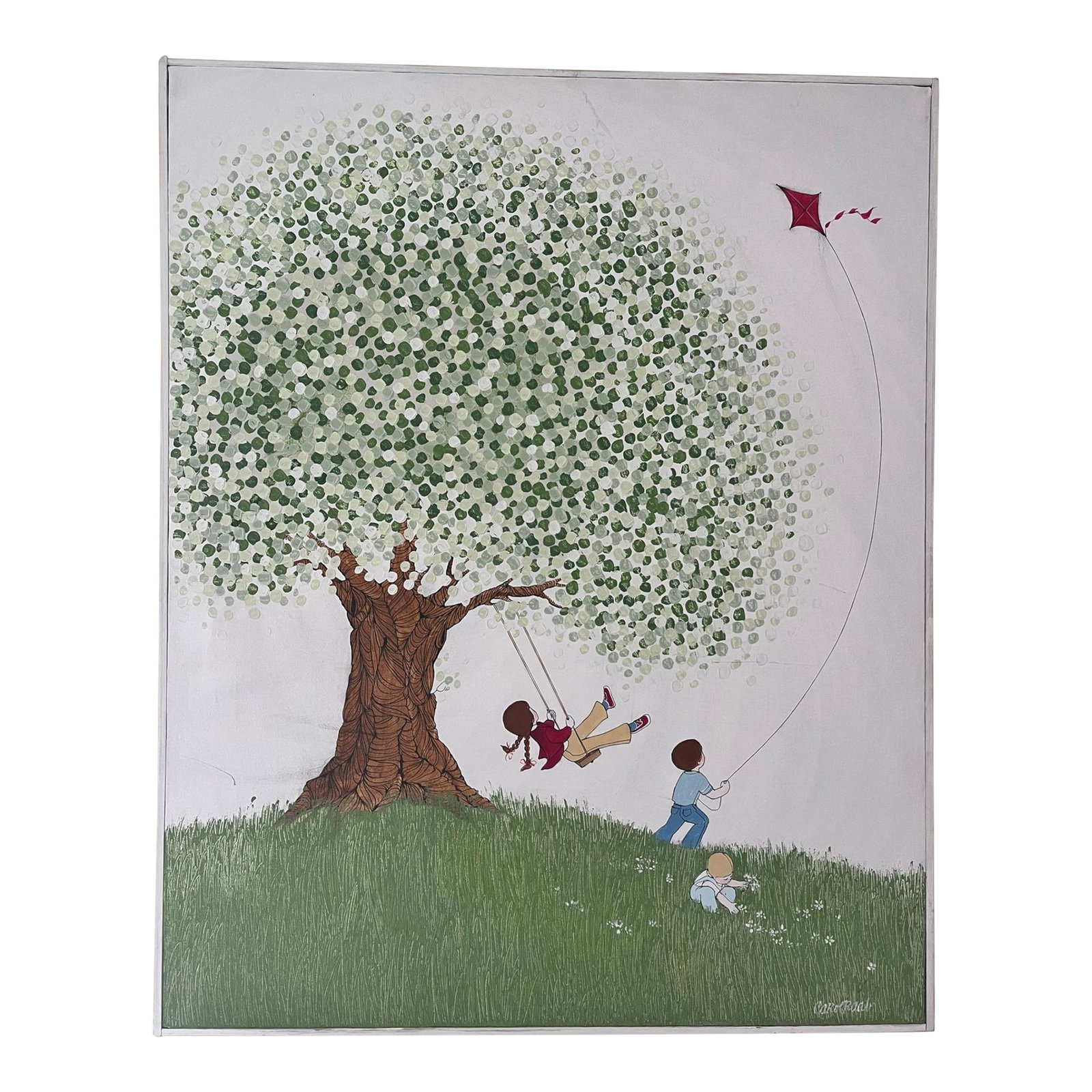 Whimsical Contemporary Folk Art Painting of Children Playing Beneath a Tree: A charming contemporary original painting depicting children enjoying a carefree afternoon beneath a flowering tree. Rendered in a whimsical folk-art style, the composition features a child on a