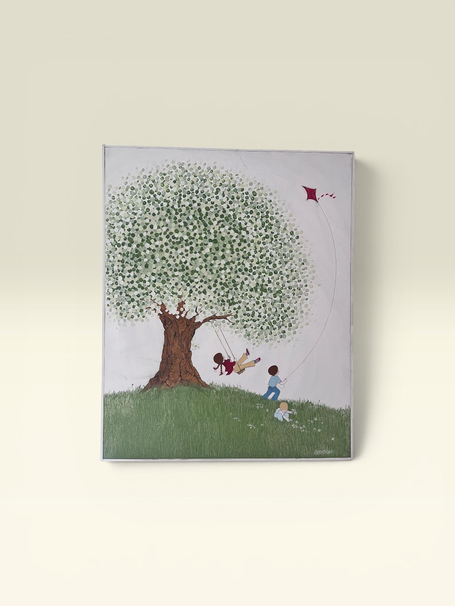 Whimsical Contemporary Folk Art Painting of Children Playing Beneath a Tree - 2