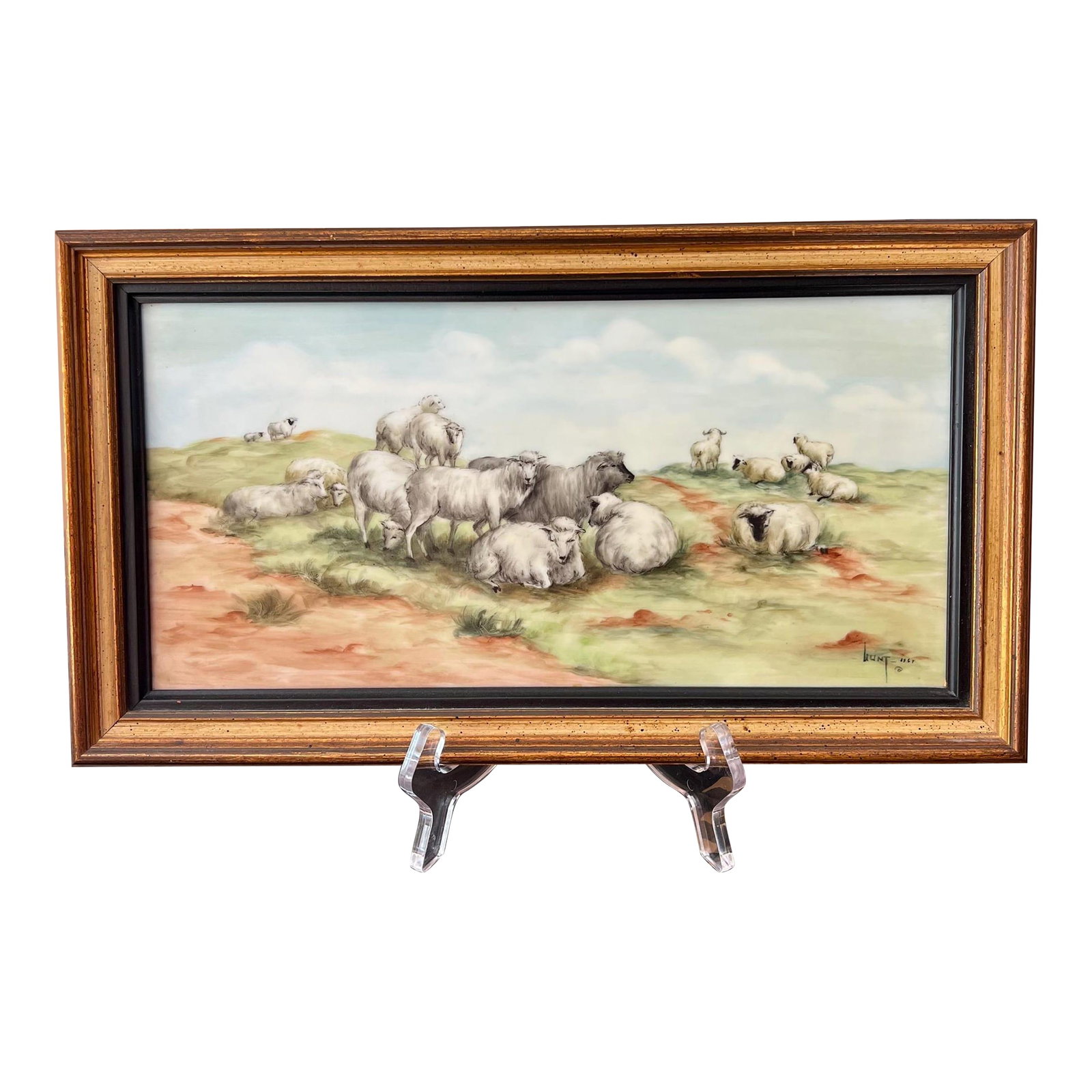 Vintage painting of sheep in a meadow, painted on a porcelain tile/substrate // soft pastel colors /: This is a beautiful pastoral painting on porcelain that has been framed in a vintage picture / art frame in a wonderful two-layer design with a black liner that perfectly accentuates the sweet sheep