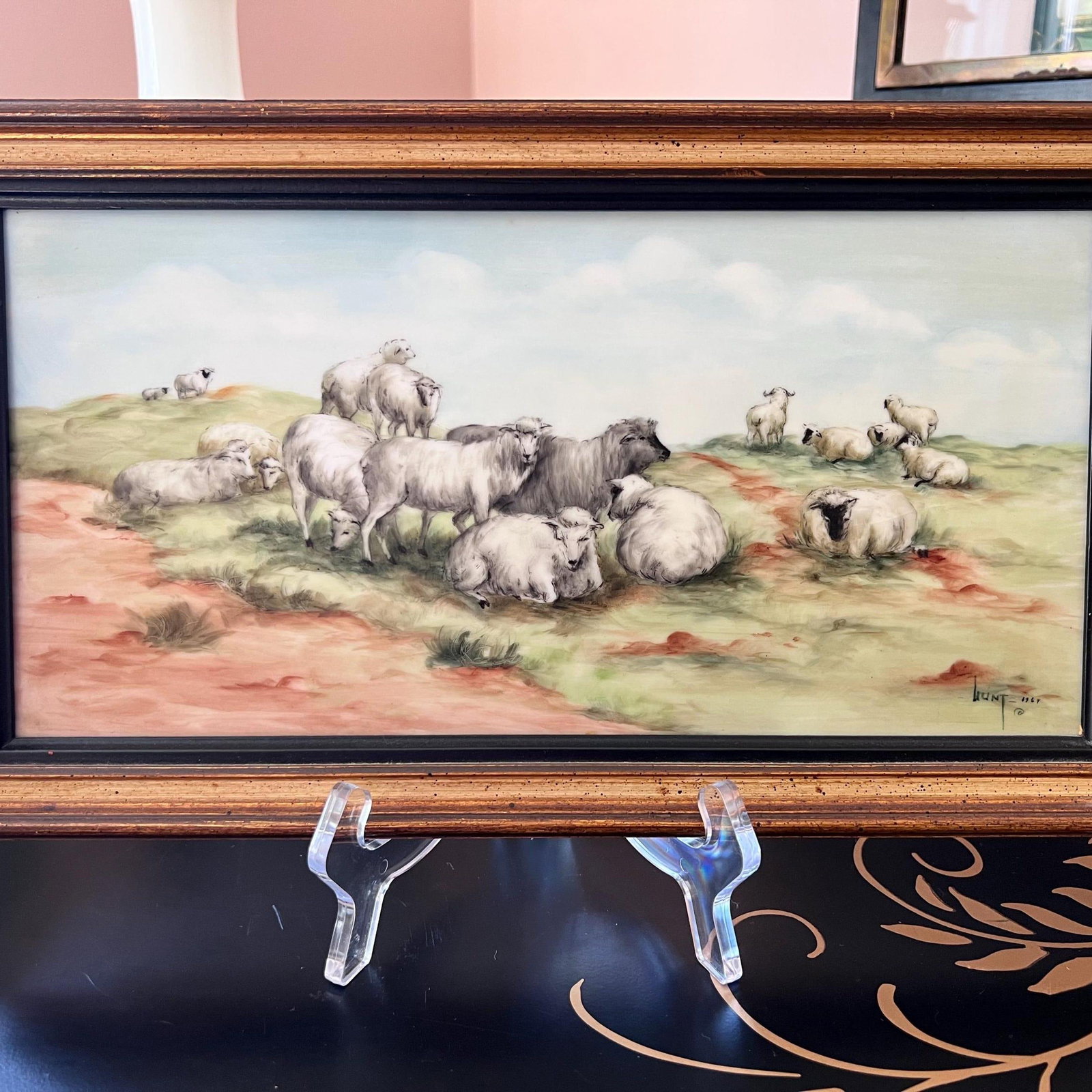 Vintage painting of sheep in a meadow, painted on a porcelain tile/substrate // soft pastel colors / - 2