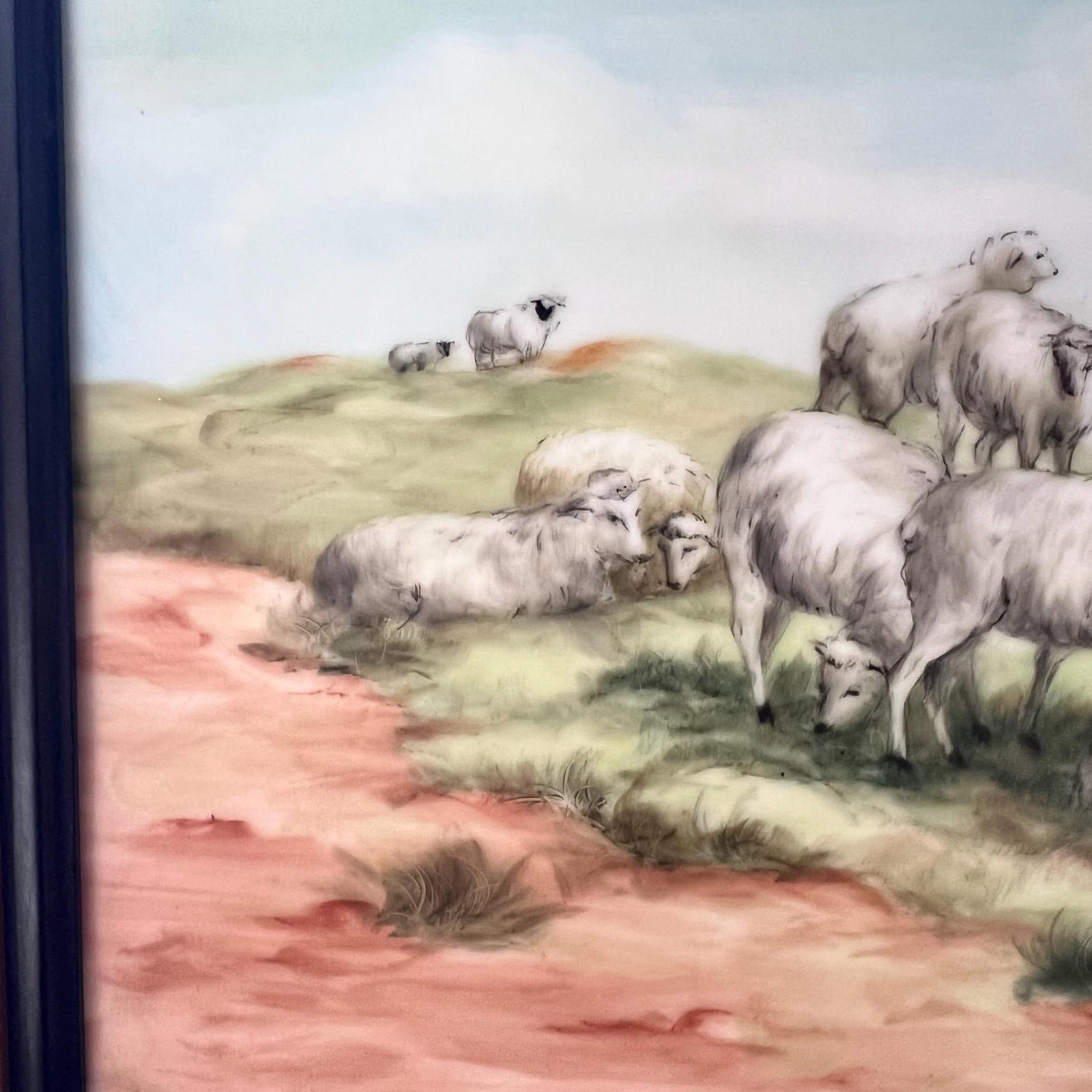 Vintage painting of sheep in a meadow, painted on a porcelain tile/substrate // soft pastel colors / - 3