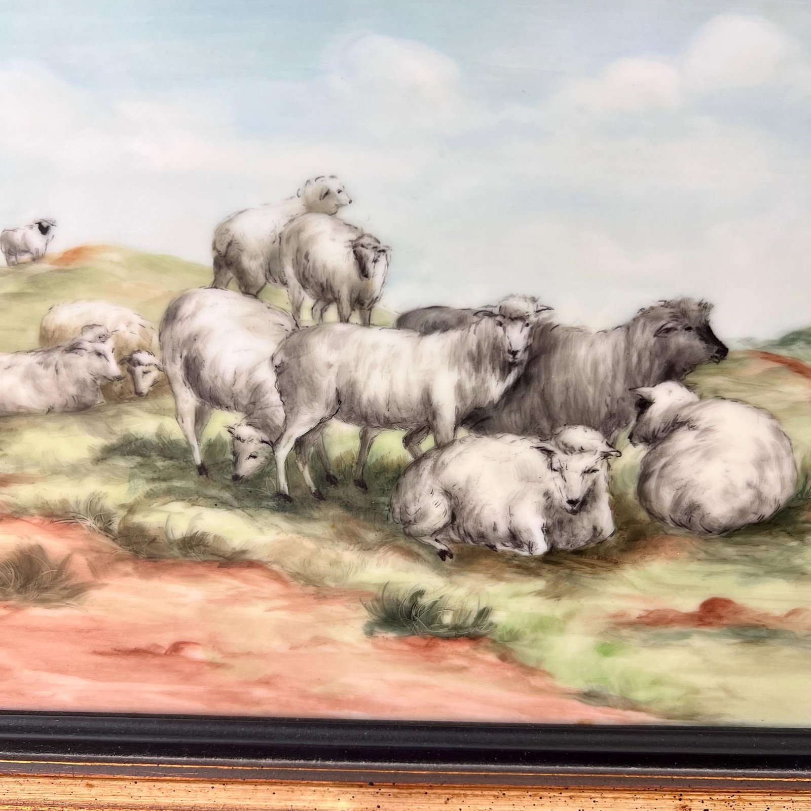 Vintage painting of sheep in a meadow, painted on a porcelain tile/substrate // soft pastel colors / - 4