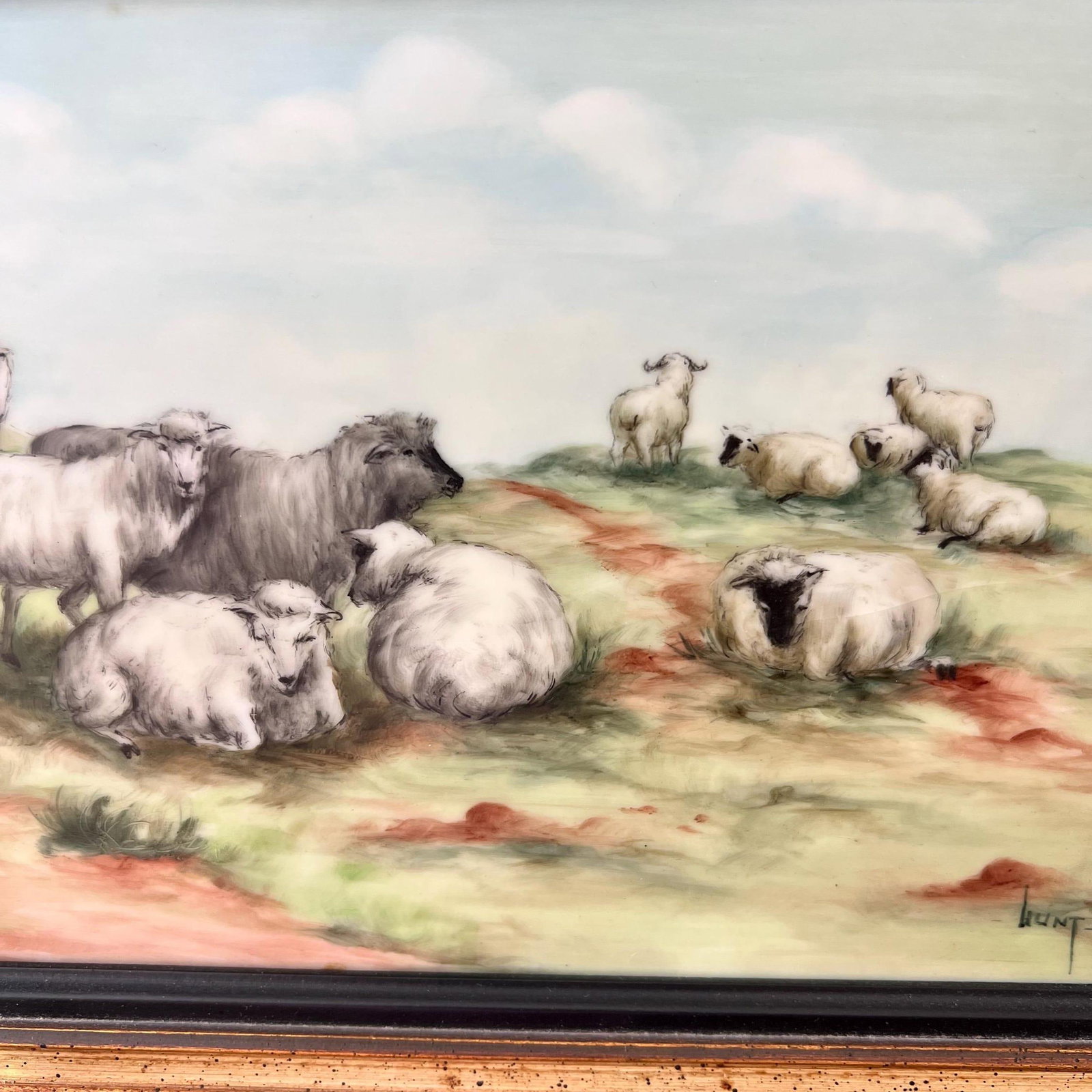 Vintage painting of sheep in a meadow, painted on a porcelain tile/substrate // soft pastel colors / - 5