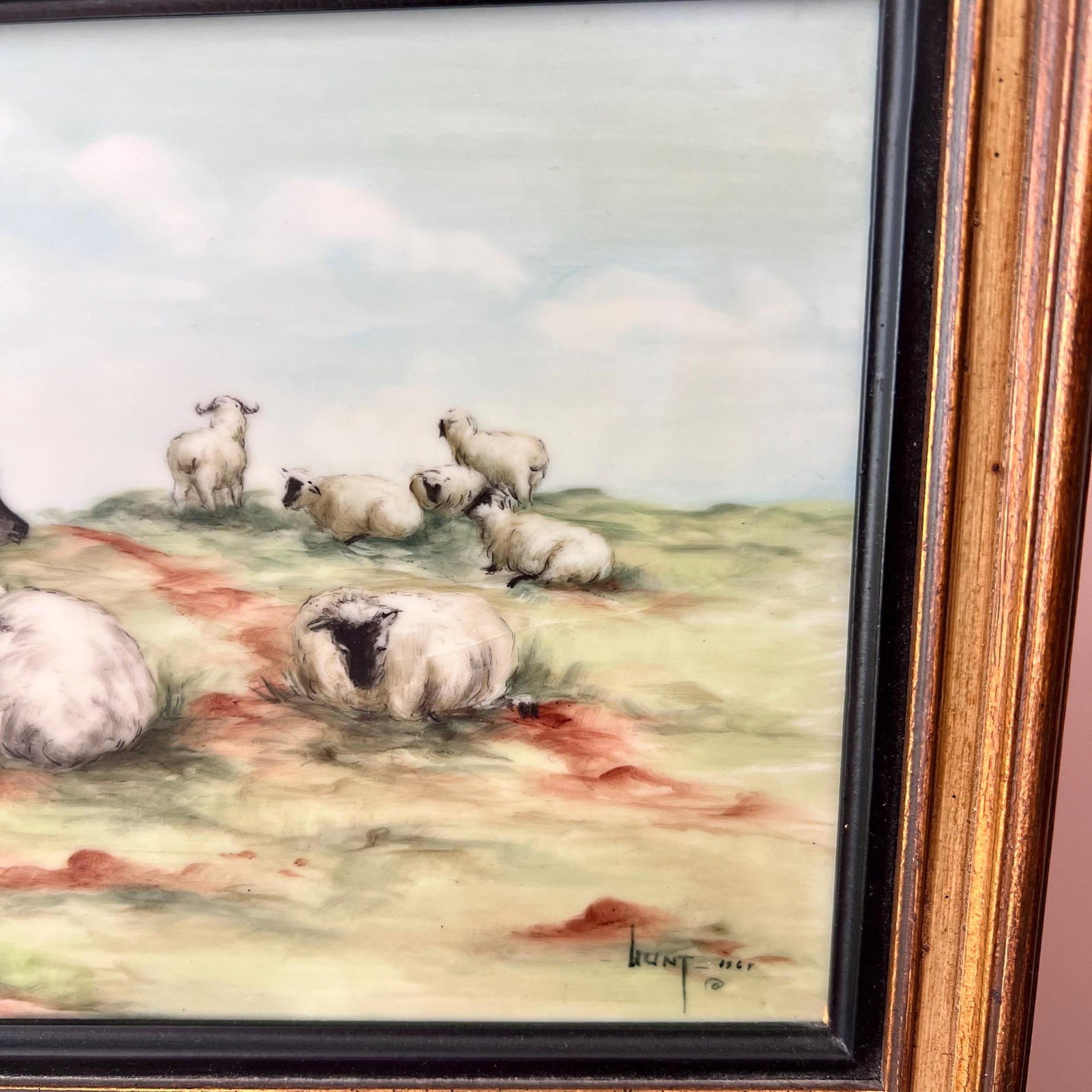Vintage painting of sheep in a meadow, painted on a porcelain tile/substrate // soft pastel colors / - 6