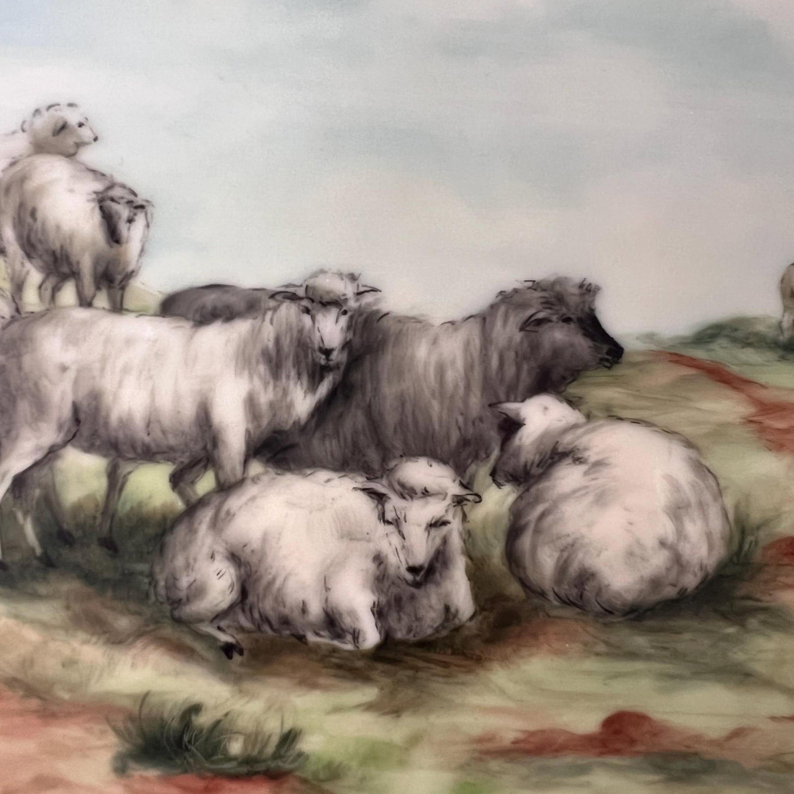 Vintage painting of sheep in a meadow, painted on a porcelain tile/substrate // soft pastel colors / - 7
