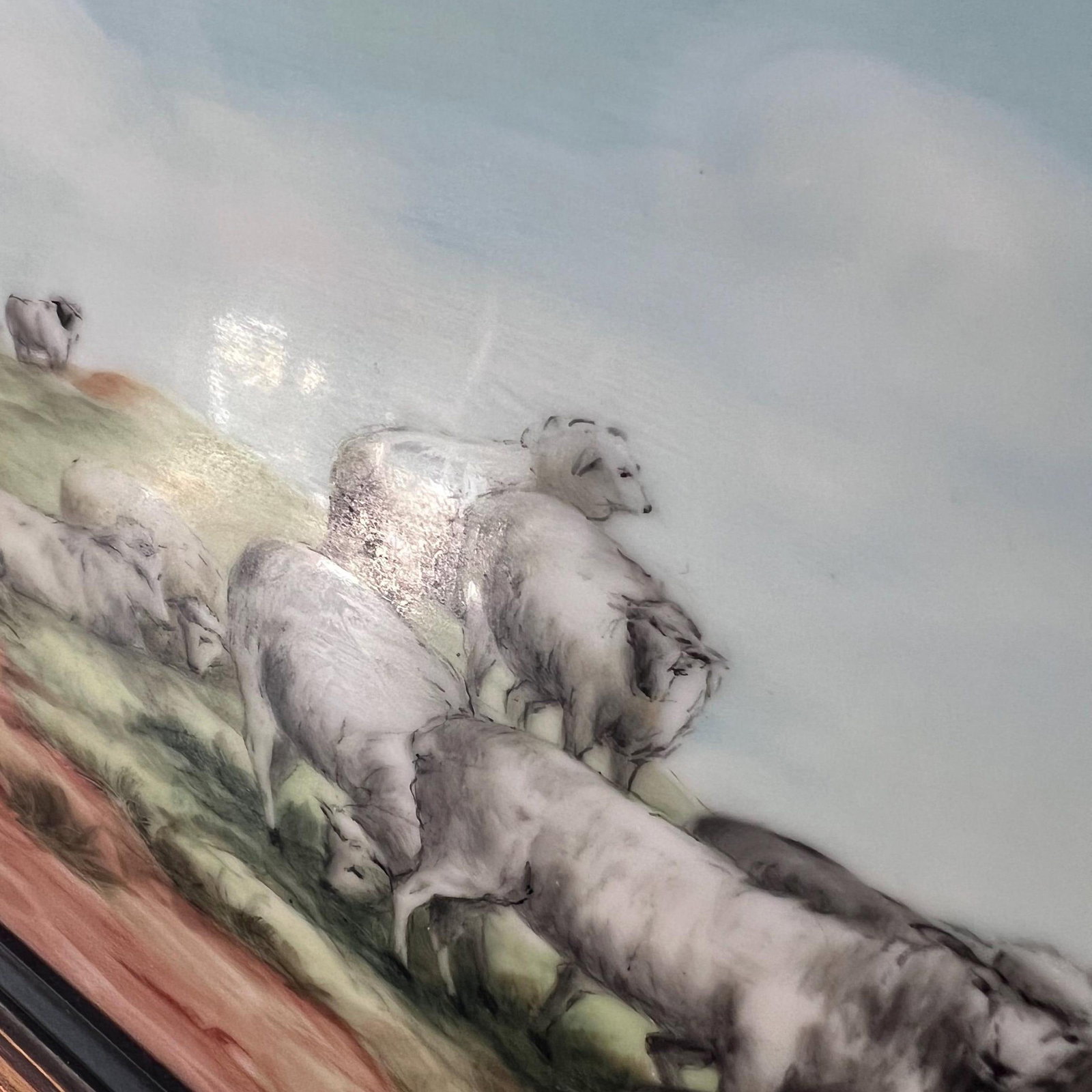 Vintage painting of sheep in a meadow, painted on a porcelain tile/substrate // soft pastel colors / - 8