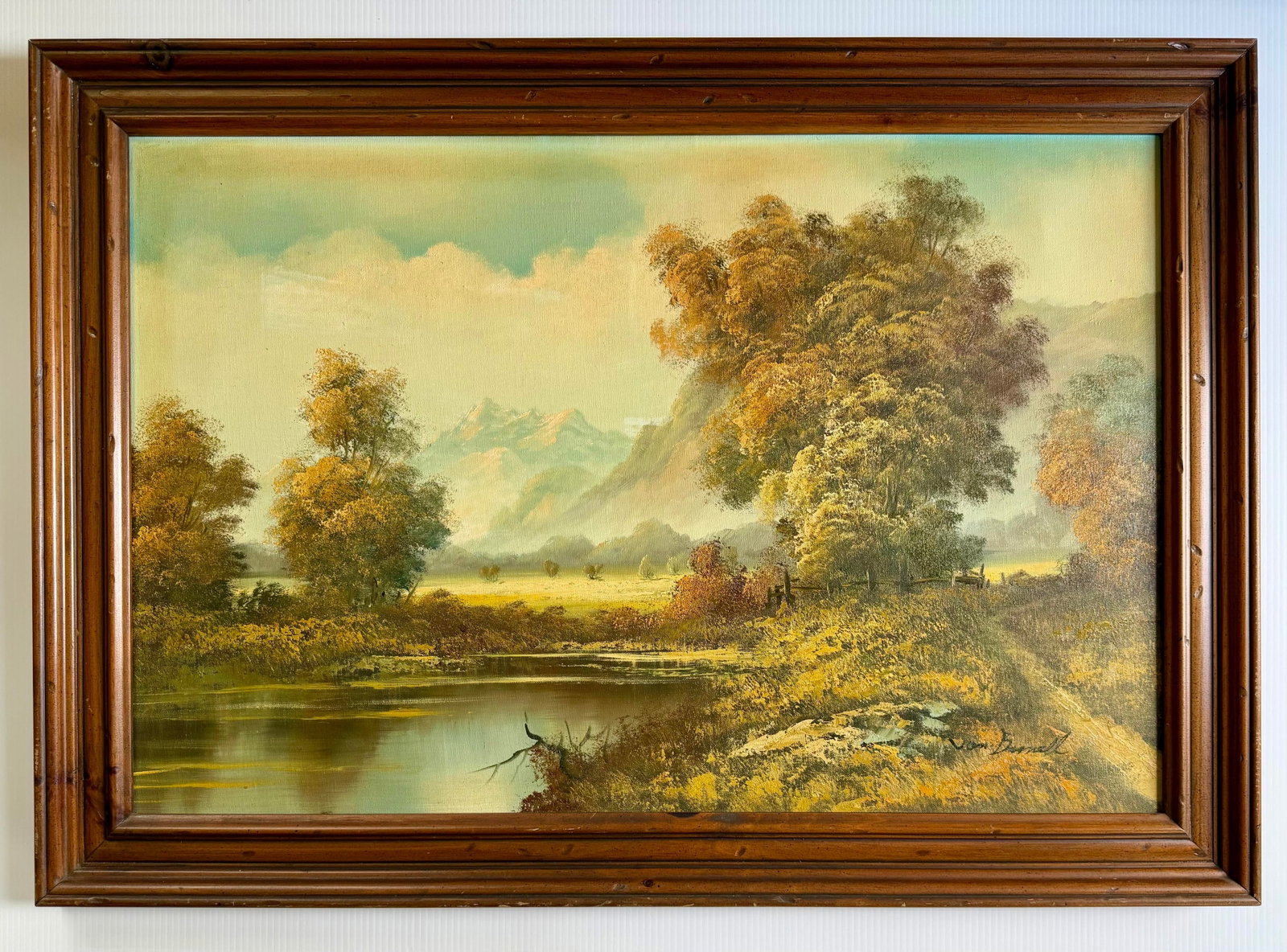 Mid-Century Signed Original Oil Painting on Canvas, Lake & Mountains 29x41 - 11