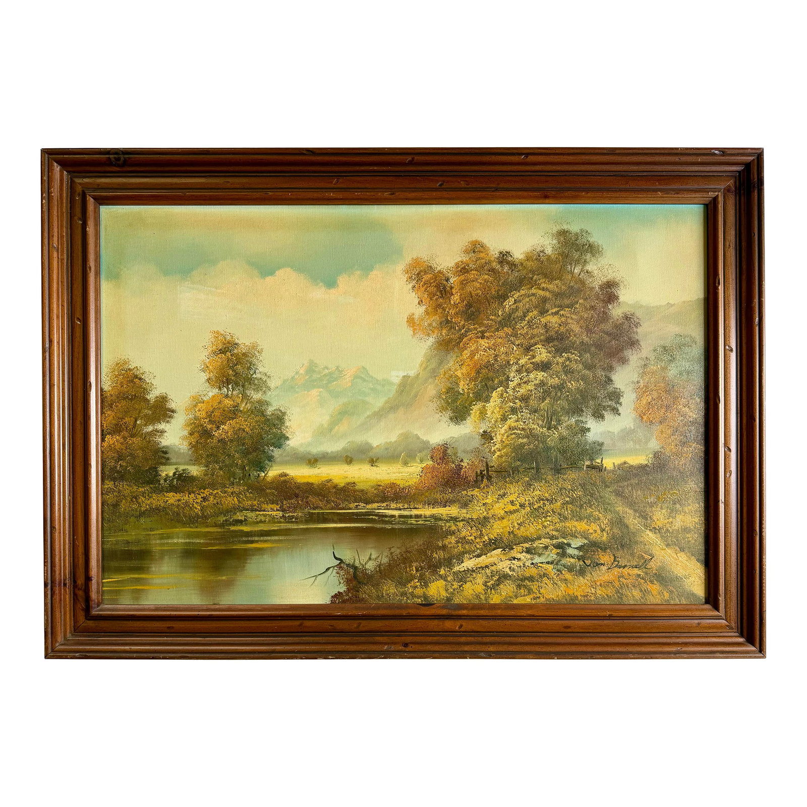 Mid-Century Signed Original Oil Painting on Canvas, Lake & Mountains 29x41: Beautiful vintage painting. Not totally sure on the artist but looks like Von Barnell to me. Condition: Alterations: Original Condition Unaltered Imperfections: Some Imperfections Condition Notes: Fra
