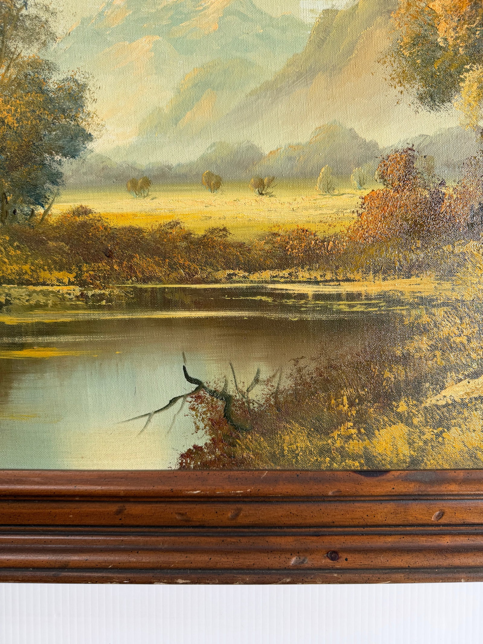Mid-Century Signed Original Oil Painting on Canvas, Lake & Mountains 29x41 - 2