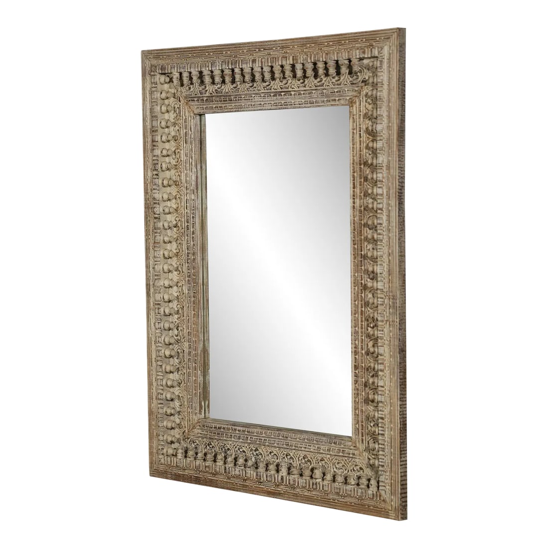 Ornate Moorish Mirror| Hand Carved Distressed Large Mirror | Farmhouse Hotel Entryway Unique Leaning: Dimensions: 38''wide X 3''deep X 51''high Features: *A rare piece and one of its kind exists *100% solid wood construction *Hand carved by skilled artisans *Eclectic transitional style