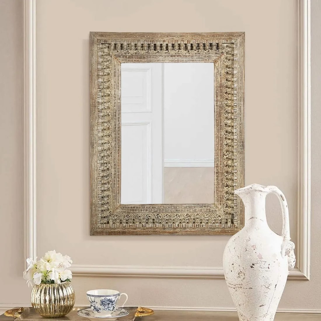 Ornate Moorish Mirror| Hand Carved Distressed Large Mirror | Farmhouse Hotel Entryway Unique Leaning - 2