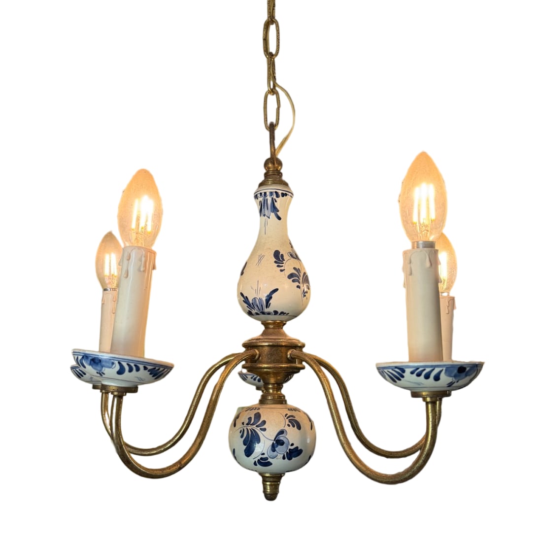 Vintage Dutch Delft Blue & White Porcelain Patinated Brass 5-Arm Chandelier - 2