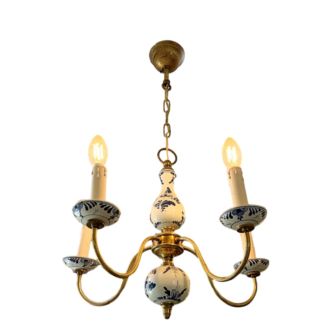 Vintage Dutch Delft Blue & White Porcelain Patinated Brass 5-Arm Chandelier - 3